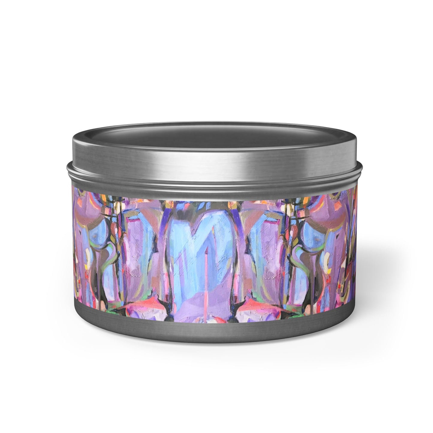 8oz Eco-Friendly Scented or Unscented Soy Wax Tin Candle with 'Passages' Abstract Artwork by American Artist Barbara Cleary