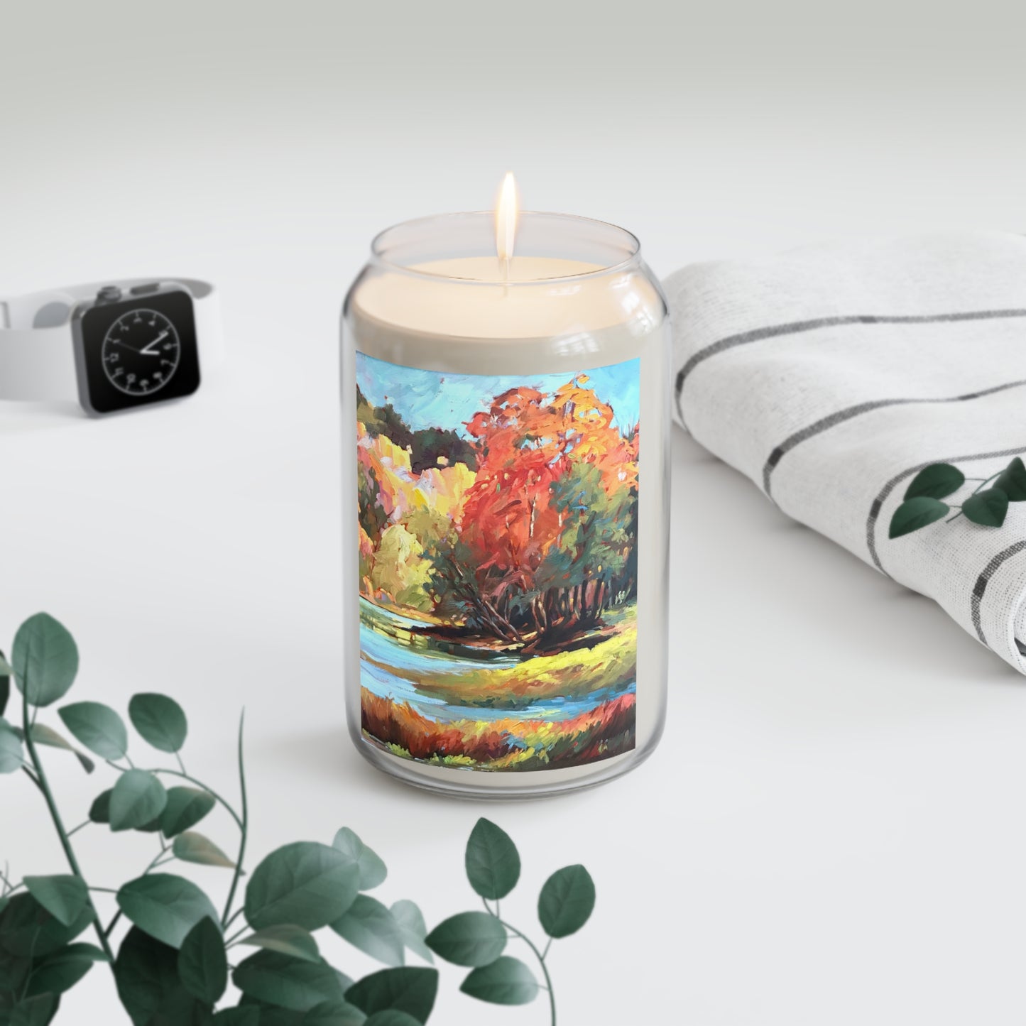 13.75oz Eco-Friendly Scented or Unscented Soy Wax Candle Jar  with 'Autumn Fire' Artwork by American Artist Barbara Cleary (Fall Collection)