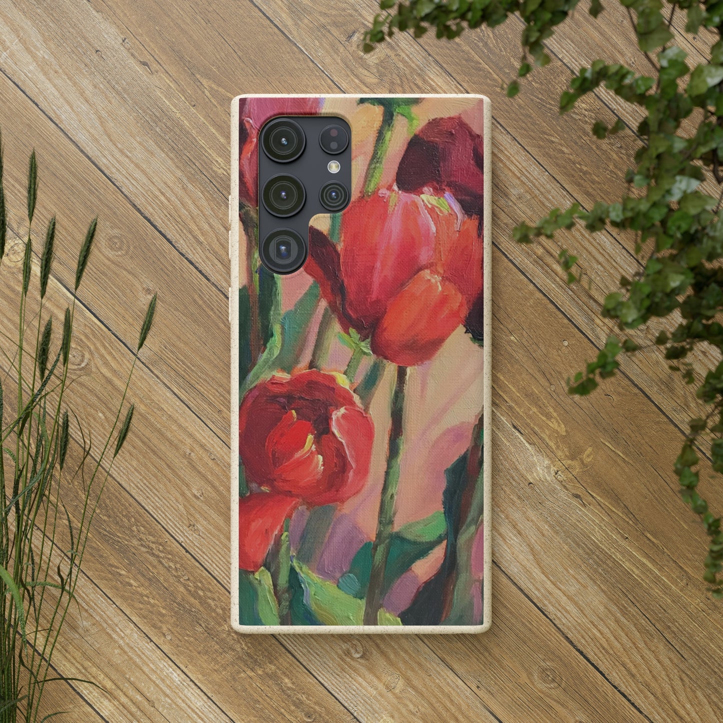 Biodegradable Phone Case with 'Red Tulips' Floral Original Artwork by Barbara Cleary