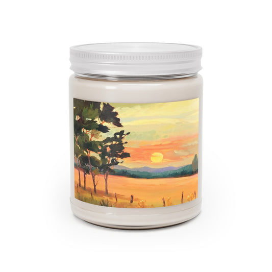 9oz Eco-Friendly Scented or Unscented Soy Wax Candle Jar with 'Sunsrise' Landscape Artwork by American Artist Barbara Cleary