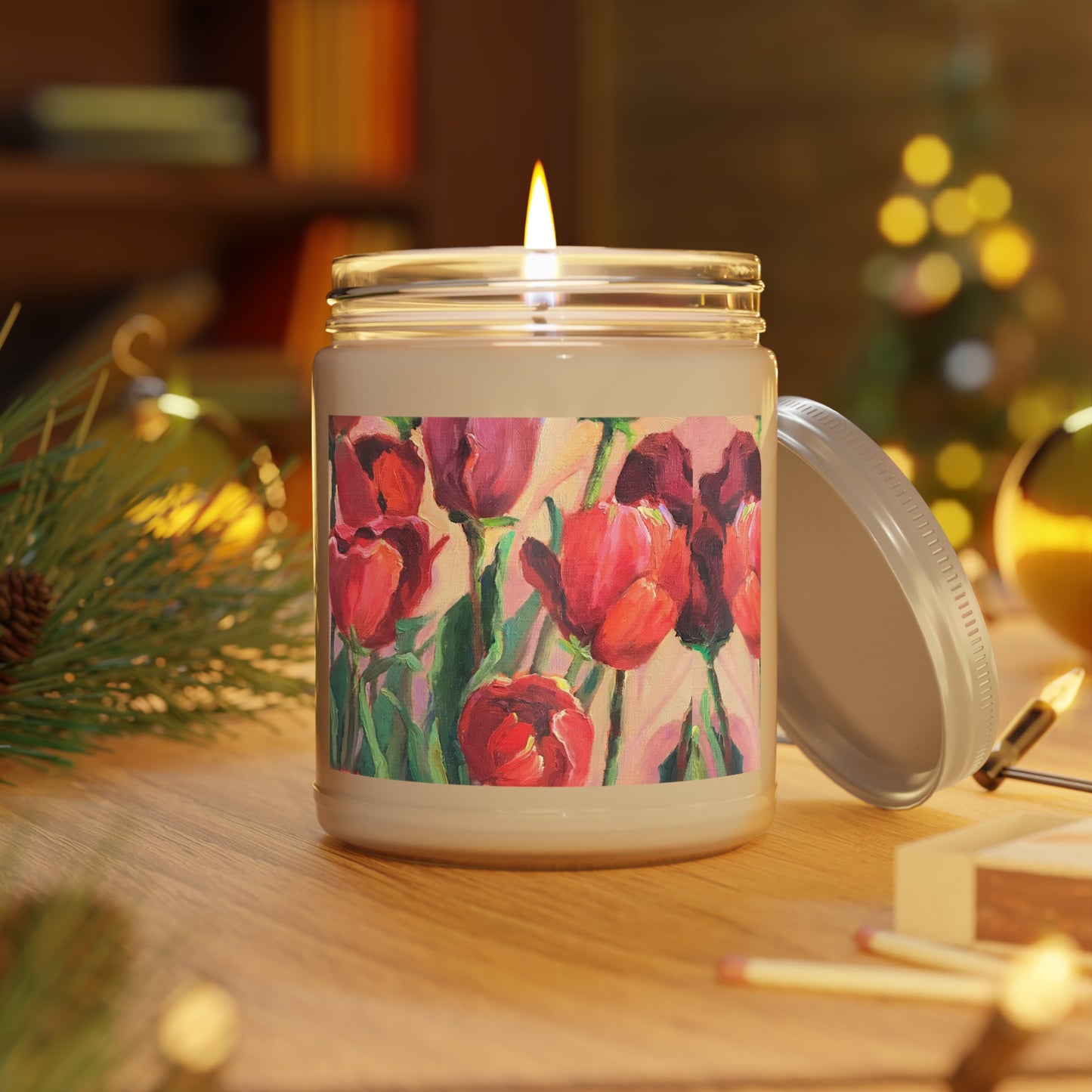 9oz Eco-Friendly Scented or Unscented Soy Wax Candle Jar  with 'Tulips' Floral Artwork by American Artist Barbara Cleary