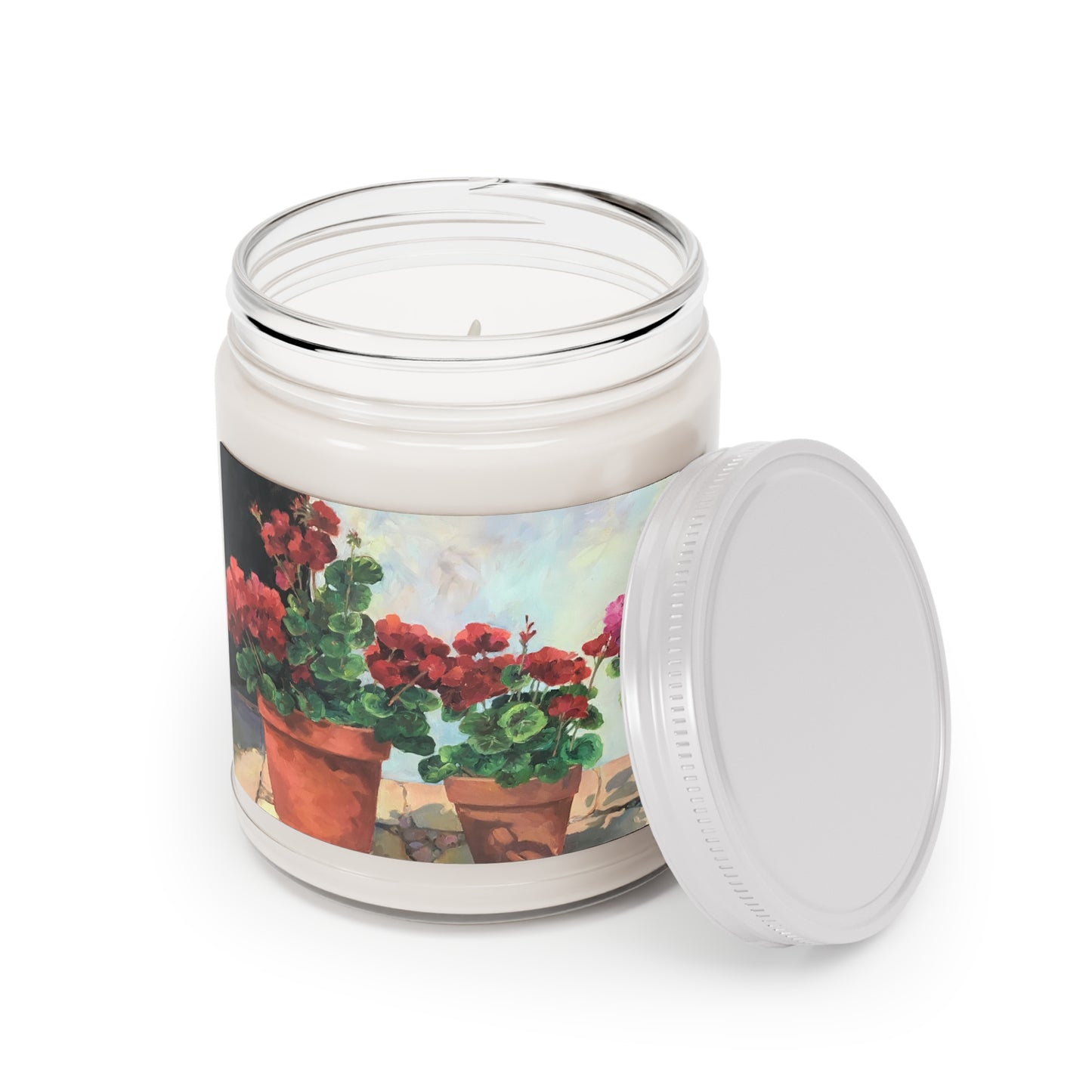 9oz Eco-Friendly Scented or Unscented Soy Wax Candle Jar  with 'Potted Red Geraniums Series 1' Floral Artwork by American Artist Barbara Cleary