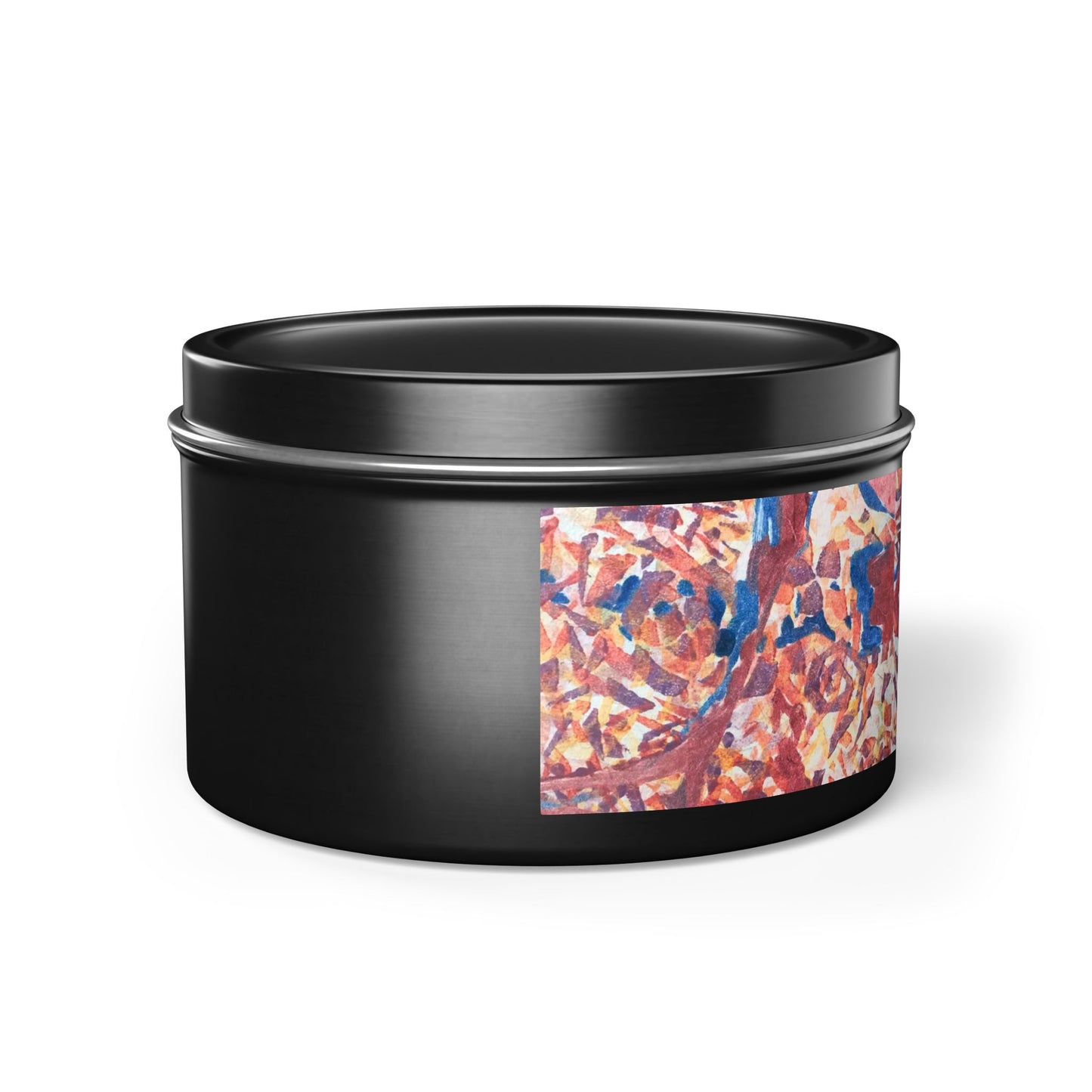 8oz Eco-Friendly Scented or Unscented Soy Wax Tin Candle with 'Abstract Fusion' Abstract Artwork by American Artist Barbara Cleary