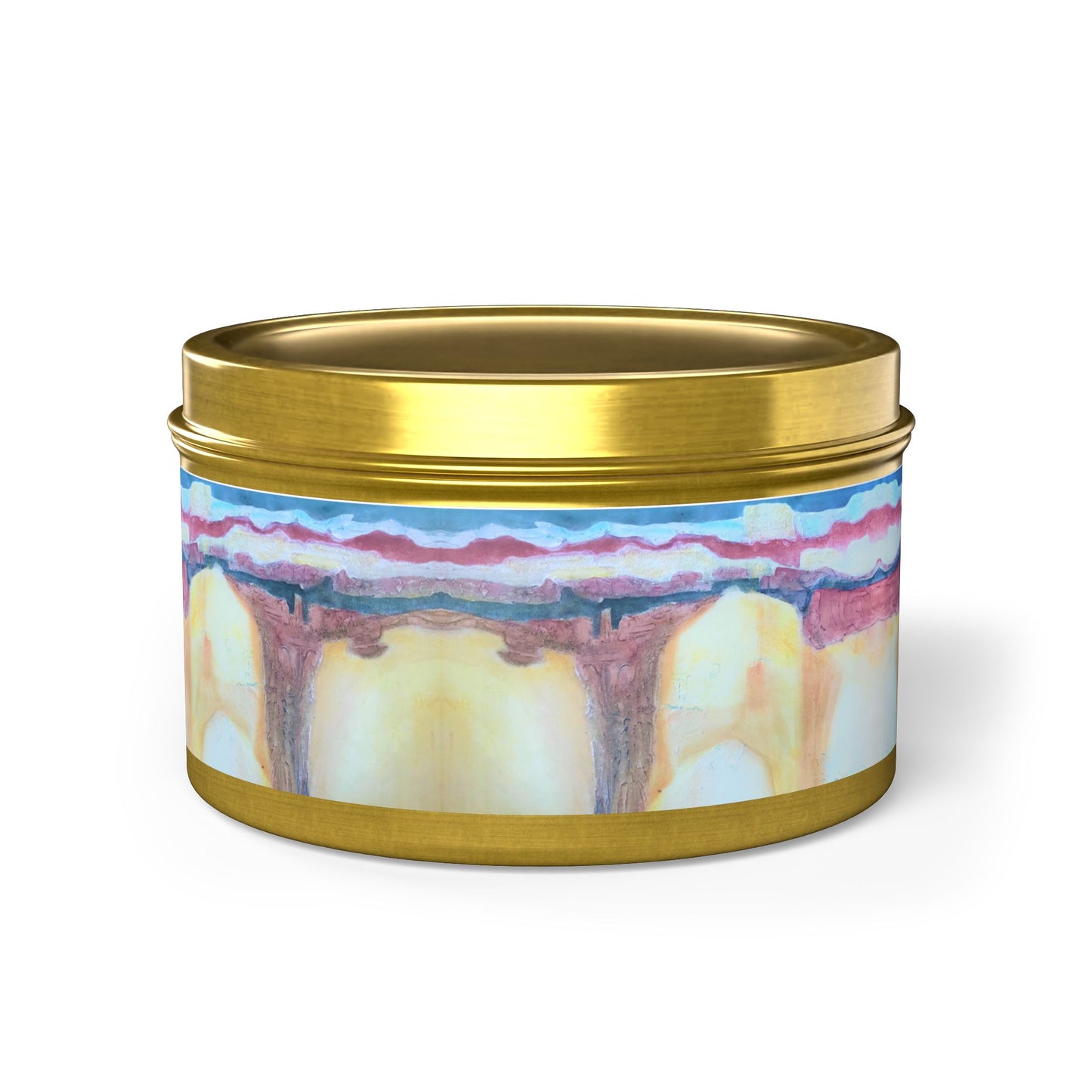 8oz Tin Candle 8oz Eco-Friendly Scented or Unscented Soy Wax Tin Candle with 'Southwest Mixed Media' Abstract Artwork by American Artist Barbara Cleary