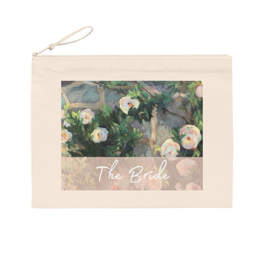 'Bride' Eco-Friendly Pouch I Bridal Collection I with 'White Roses' Original Artwork by American Artist Barbara Cleary