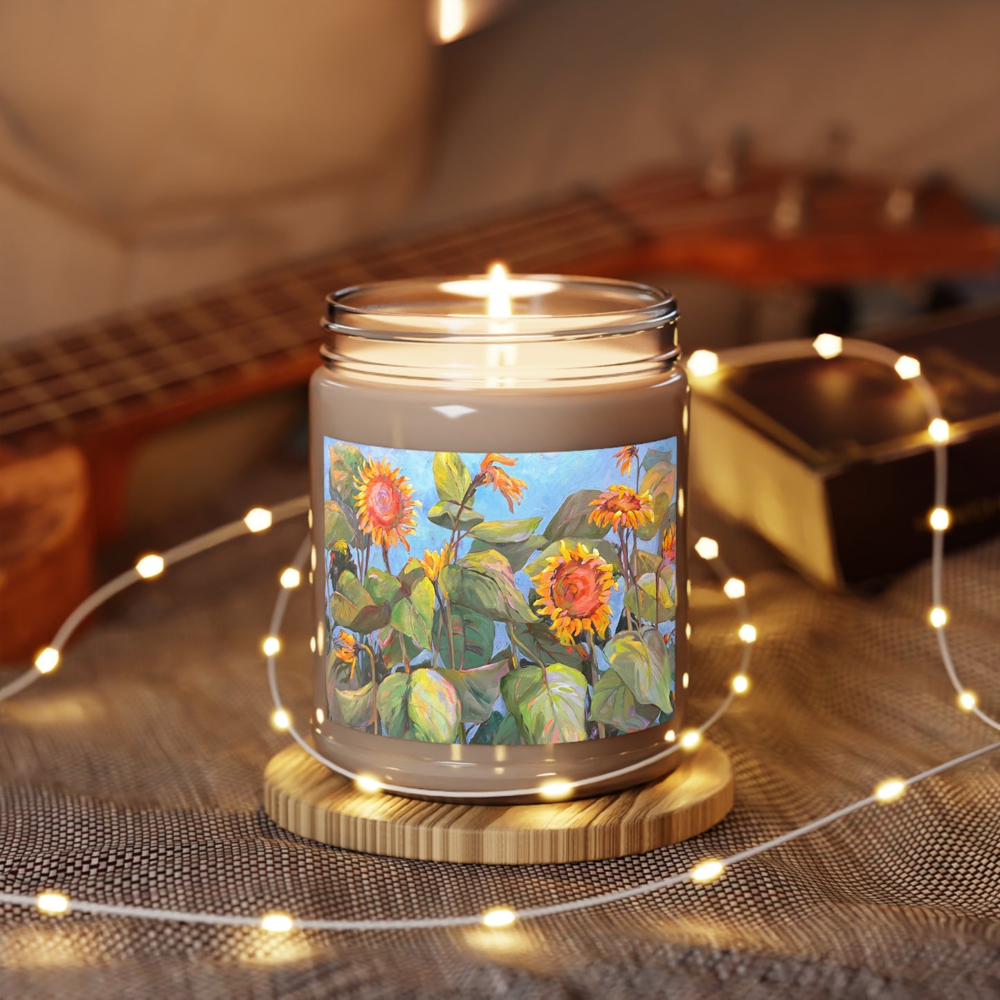 9 oz Soy Wax Candle Jar Featuring “Sunflowers” Floral Oil Painting by Barbara Cleary