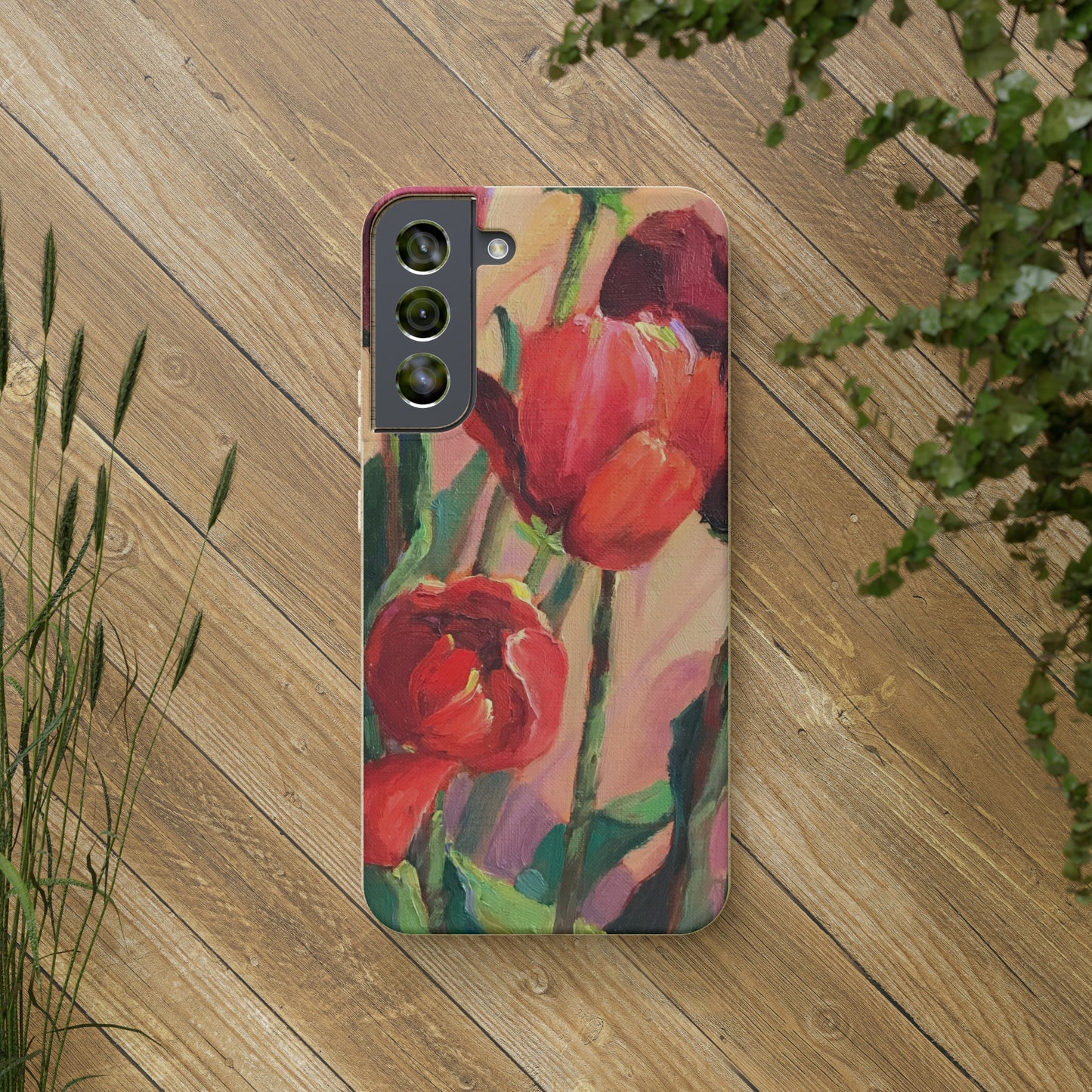 Biodegradable Phone Case with 'Red Tulips' Floral Original Artwork by Barbara Cleary