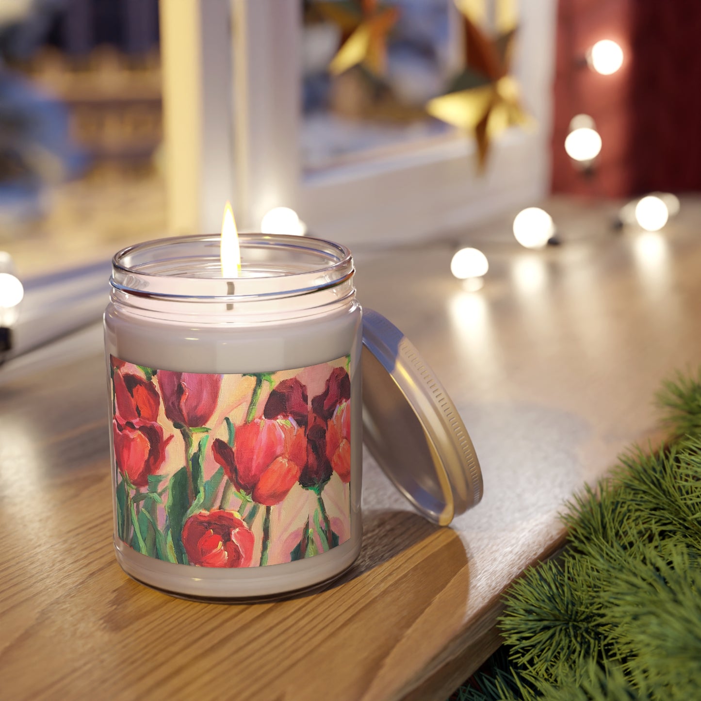 9oz Eco-Friendly Scented or Unscented Soy Wax Candle Jar  with 'Tulips' Floral Artwork by American Artist Barbara Cleary