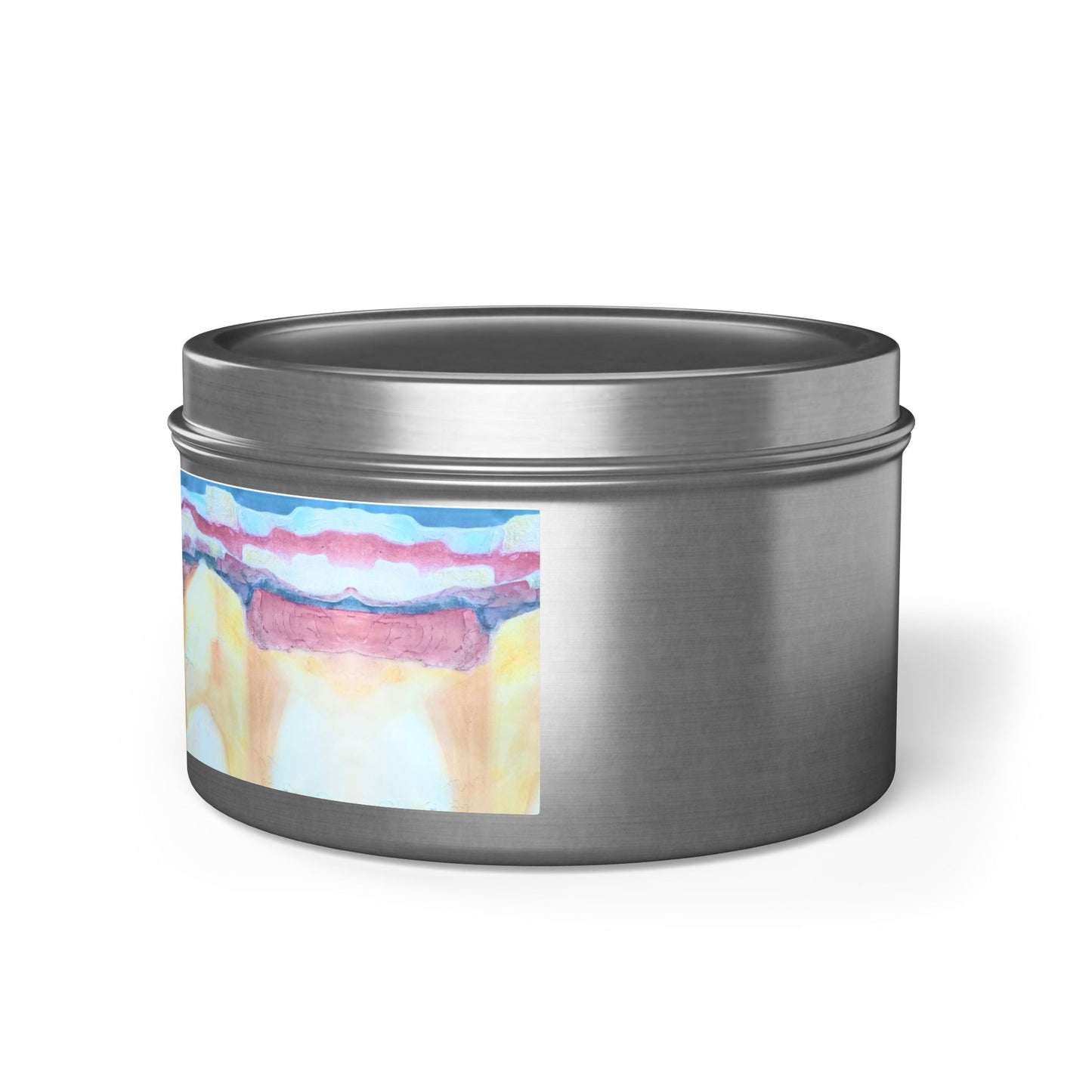 8oz Tin Candle 8oz Eco-Friendly Scented or Unscented Soy Wax Tin Candle with 'Southwest Mixed Media' Abstract Artwork by American Artist Barbara Cleary