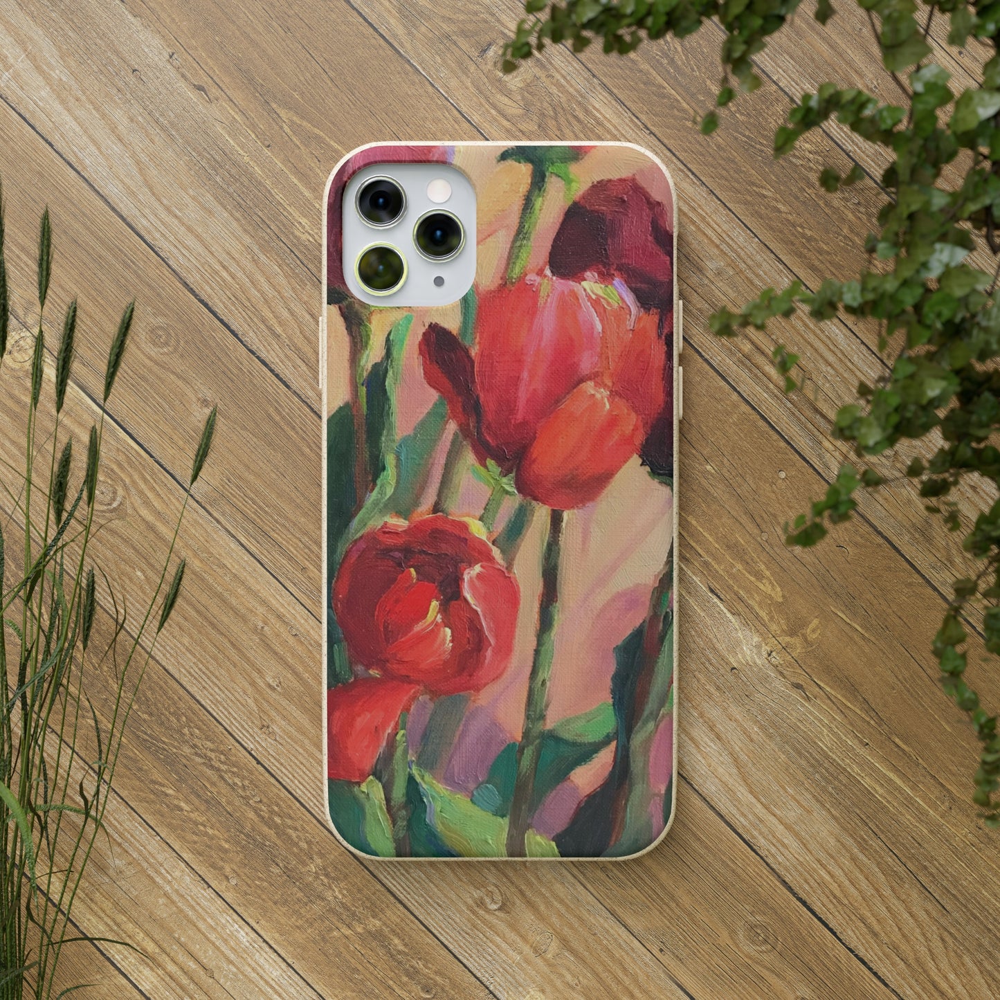 Biodegradable Phone Case with 'Red Tulips' Floral Original Artwork by Barbara Cleary