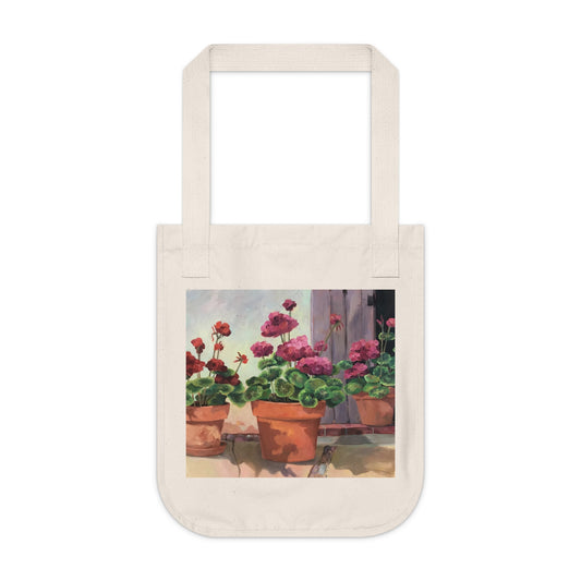 Organic Canvas Tote Bag with 'Potted Red Geraniums 2' Floral I Original Artwork by American Artist Barbara Cleary