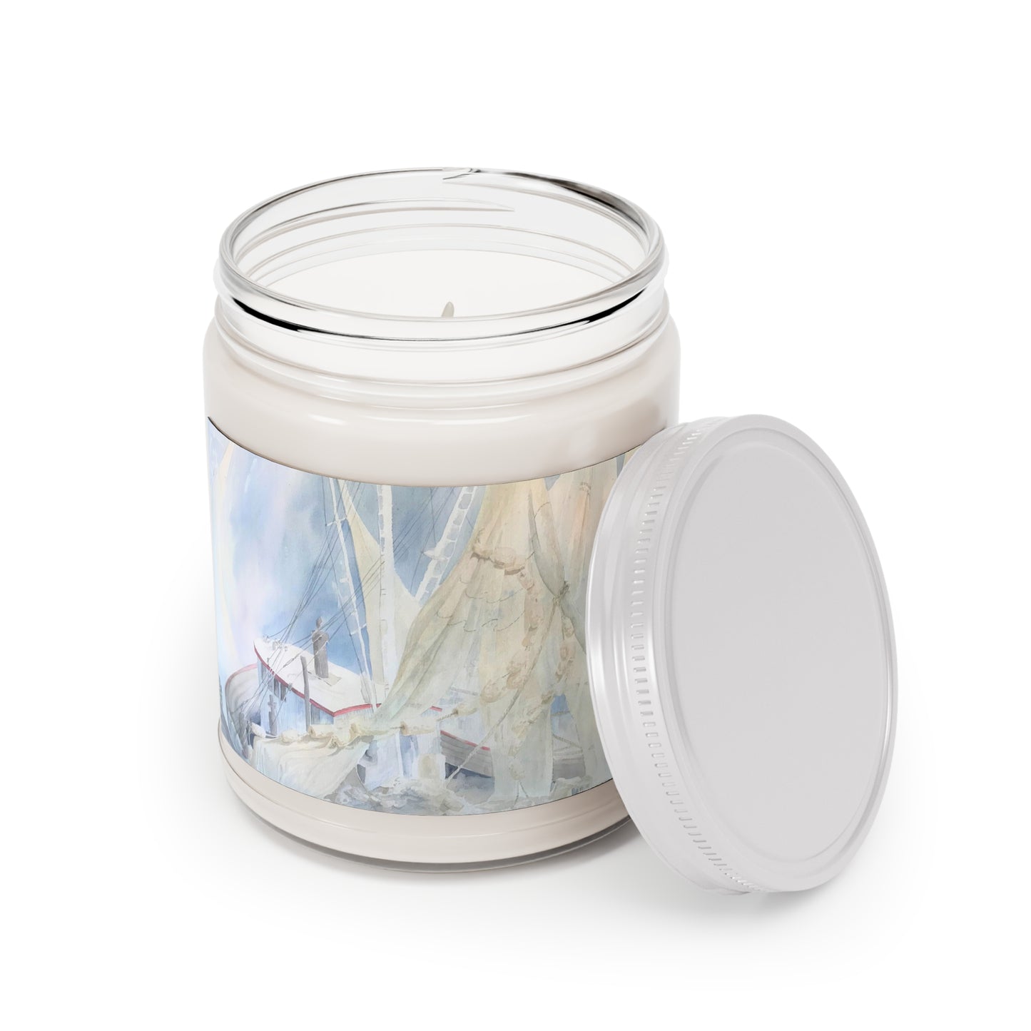 9oz Eco-Friendly Scented or Unscented Soy Wax Candle Jar  with 'Sailboat' Coastal Artwork by American Artist Barbara Cleary