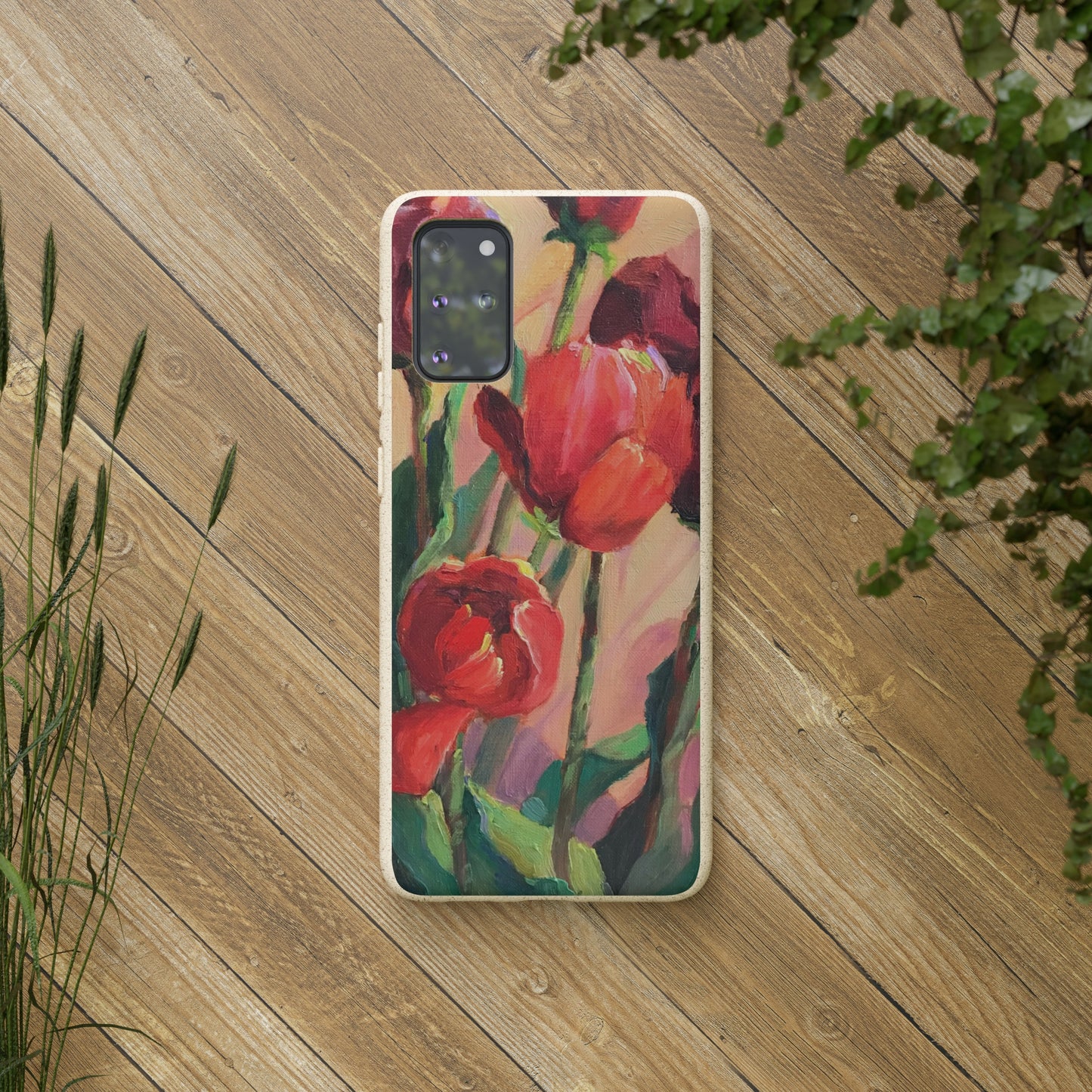 Biodegradable Phone Case with 'Red Tulips' Floral Original Artwork by Barbara Cleary