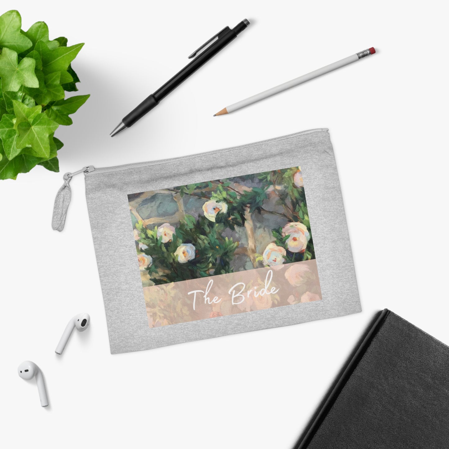 'Bachelorette' Eco-Friendly Pouch I Bridal Collection I with 'White Roses' Original Artwork by American Artist Barbara Cleary