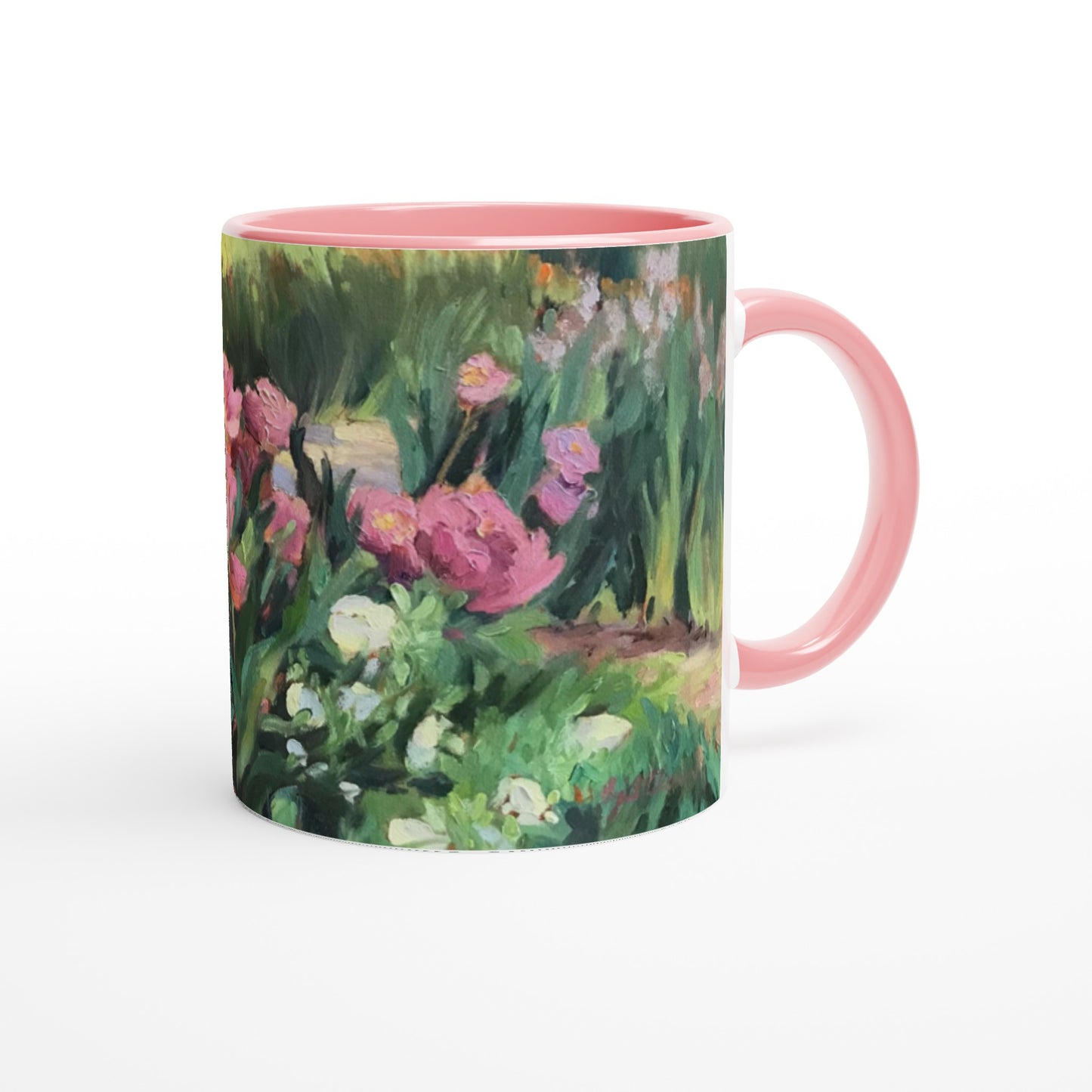 "Garden Peonies" Abstract White 11oz Ceramic Mug with Black Inside by Barbara Cleary Designs