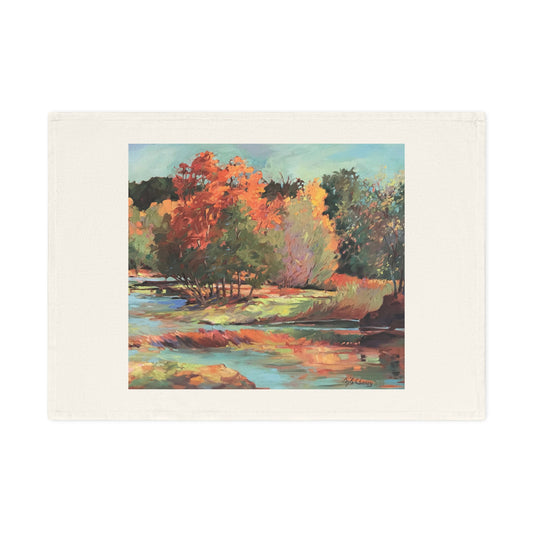 'Along the Illinois' Landscape Organic Cotton Tea Towel I Original Artwork by American Artist Barbara Cleary (Fall Collection)