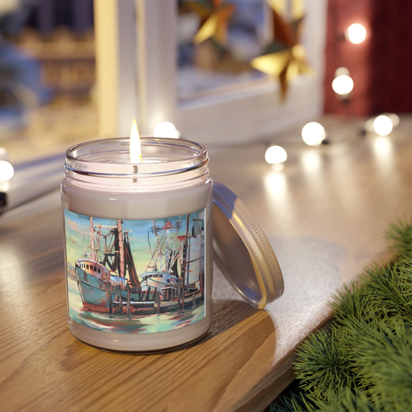 9oz Eco-Friendly Scented or Unscented Soy Wax Candle Jar with 'Biloxi Fishing Fleet' Coastal Artwork by American Artist Barbara Cleary