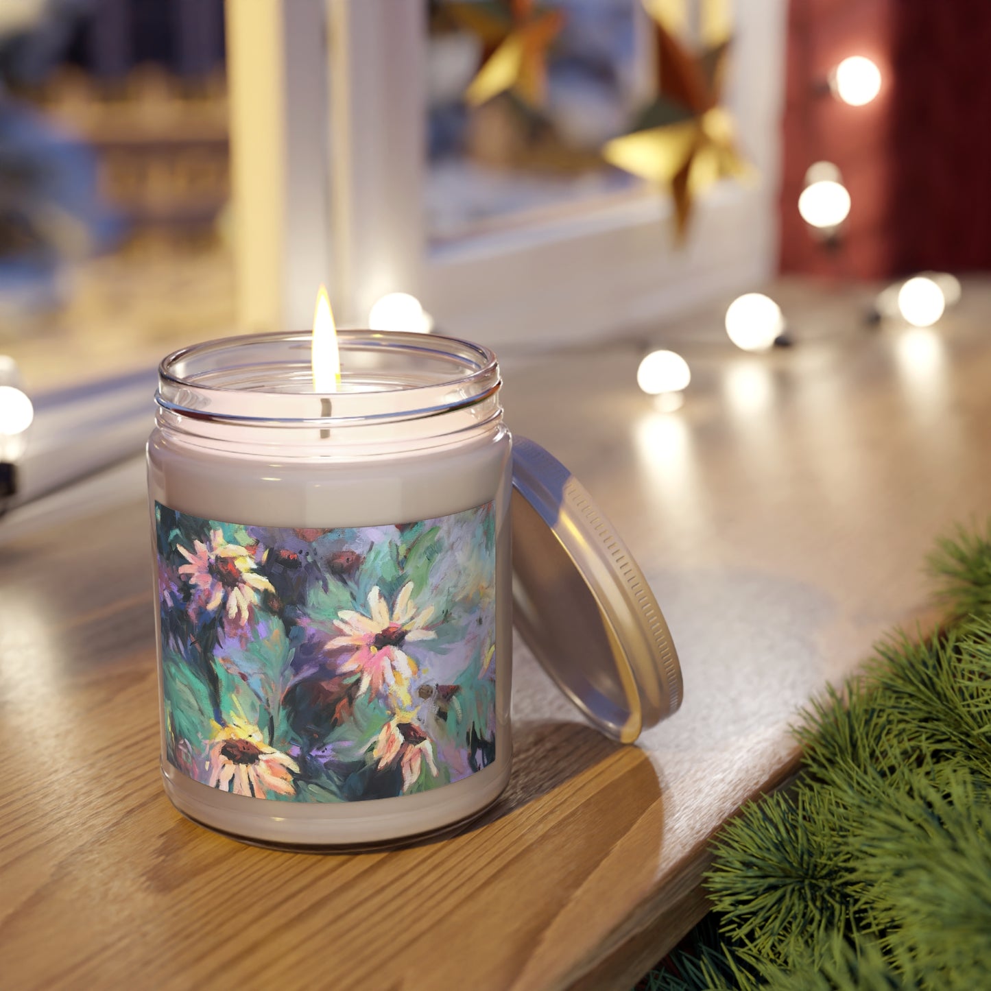 9 oz Soy Wax Candle Jar Featuring “Eastern Light Wildflowers” Floral Oil Painting by Barbara Cleary