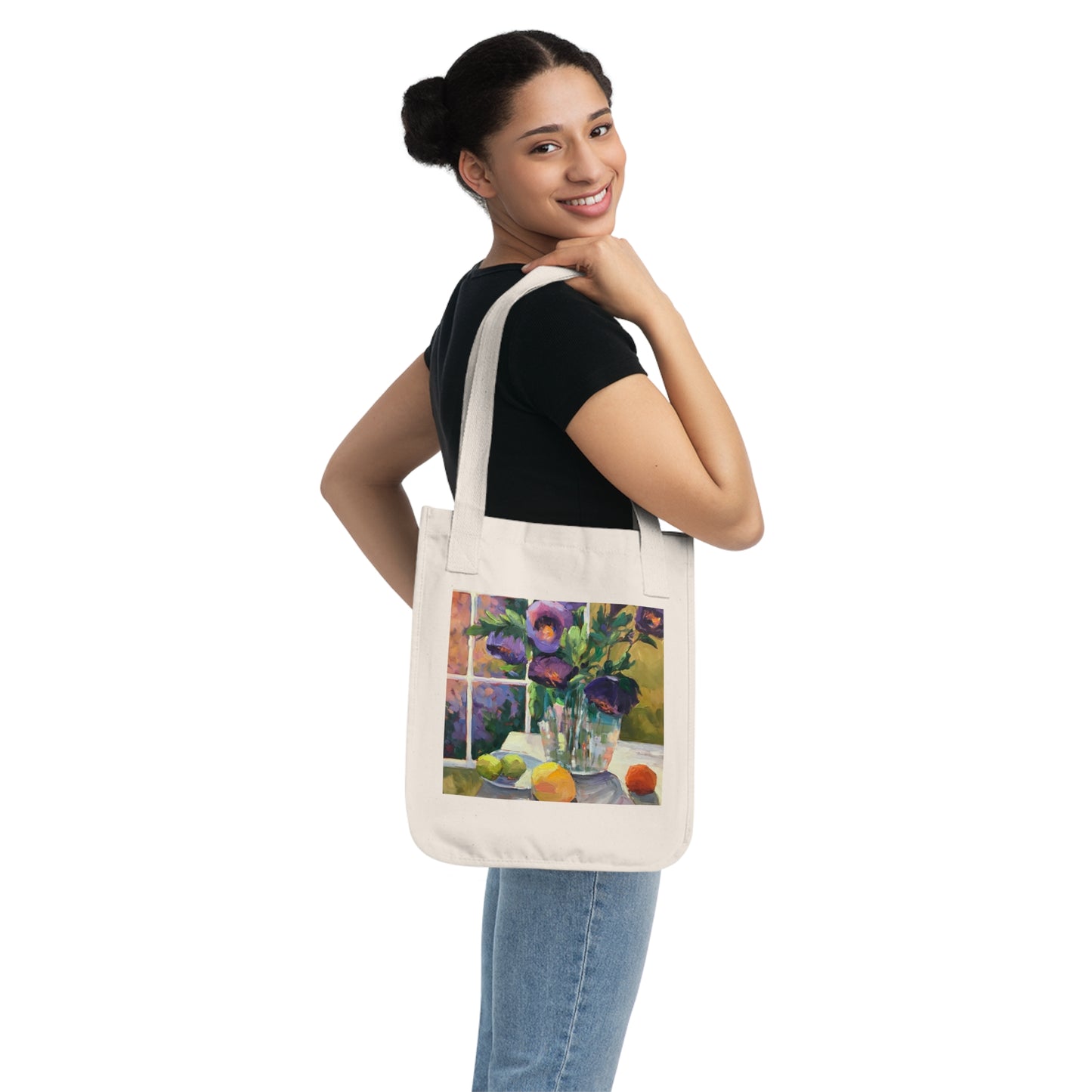 Organic Canvas Tote Bag with 'Purple Flowers' Floral I Original Artwork by American Artist Barbara Cleary