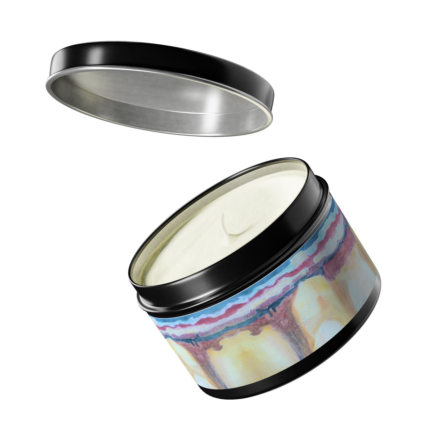 8oz Tin Candle 8oz Eco-Friendly Scented or Unscented Soy Wax Tin Candle with 'Southwest Mixed Media' Abstract Artwork by American Artist Barbara Cleary