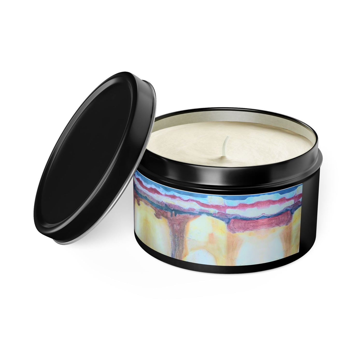 8oz Tin Candle 8oz Eco-Friendly Scented or Unscented Soy Wax Tin Candle with 'Southwest Mixed Media' Abstract Artwork by American Artist Barbara Cleary