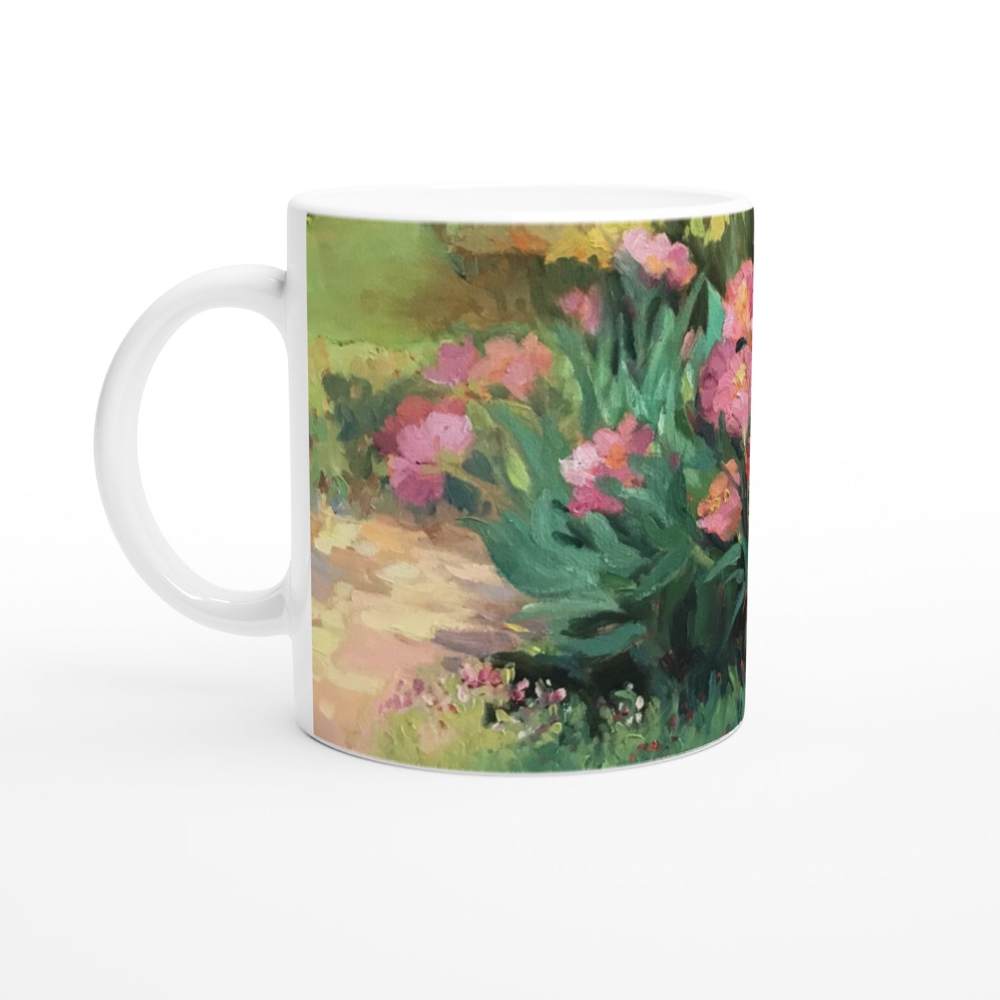 11oz White Ceramic Mug| Coffee Cup with 'Garden Peonies' Floral Artwork by American Artist Barbara Cleary