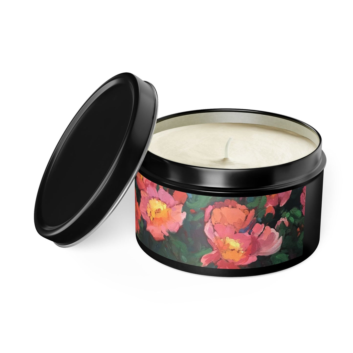 8oz Eco-Friendly Scented or Unscented Soy Wax Candle Tin with 'Pink Princess' Floral Artwork by American Artist Barbara Cleary