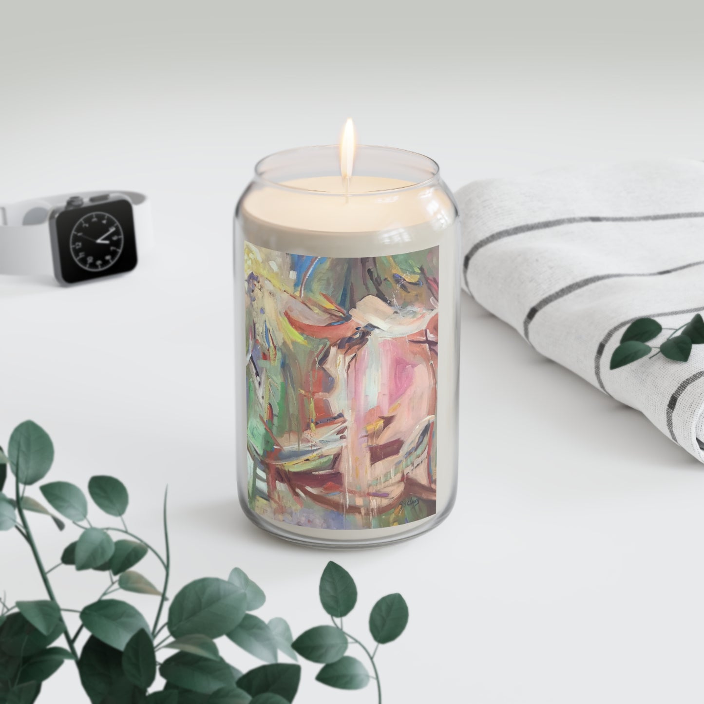 13.75oz Eco-Friendly Scented or Unscented Soy Wax Candle Jar with 'All Seasons' Abstract Artwork by American Artist Barbara Cleary