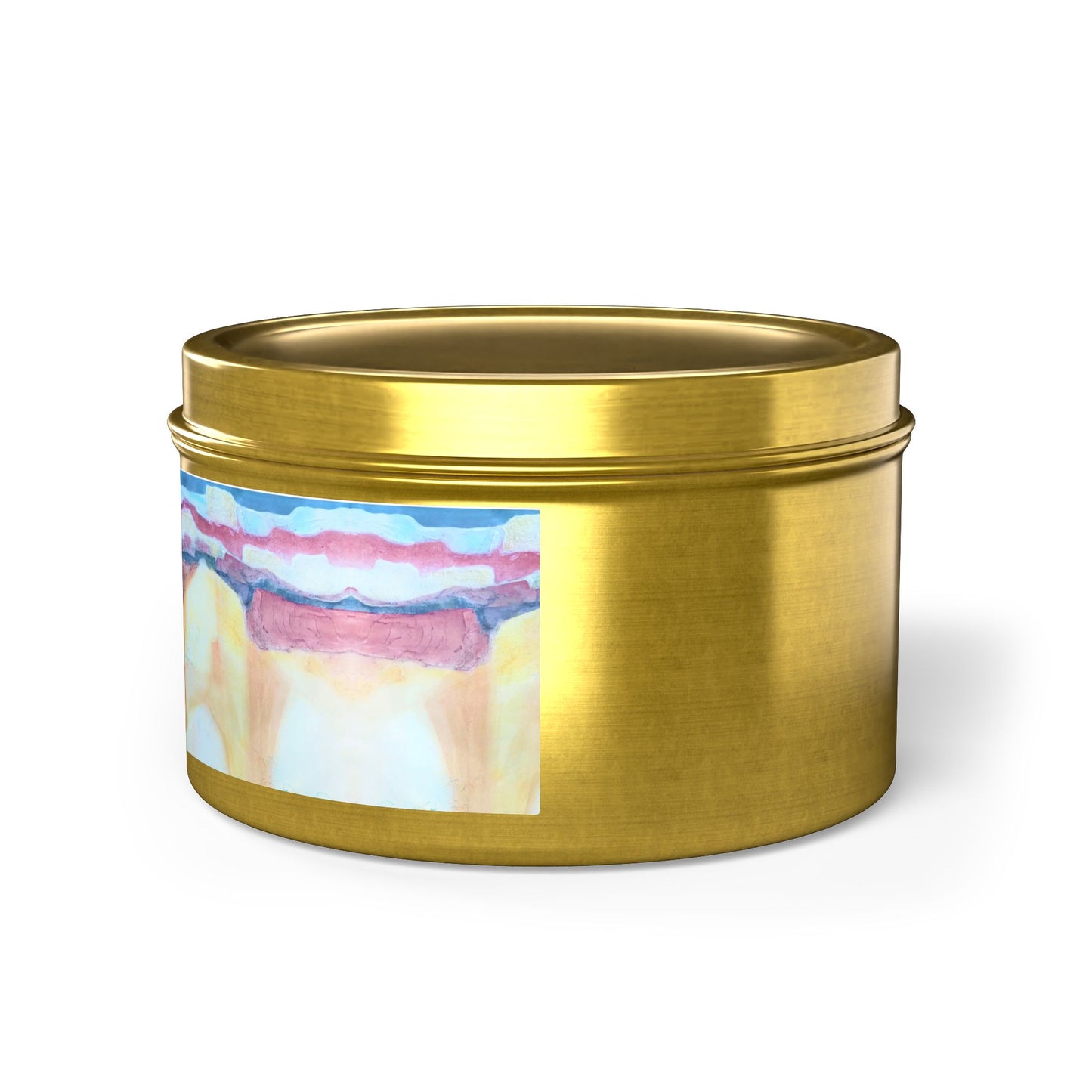 8oz Tin Candle 8oz Eco-Friendly Scented or Unscented Soy Wax Tin Candle with 'Southwest Mixed Media' Abstract Artwork by American Artist Barbara Cleary