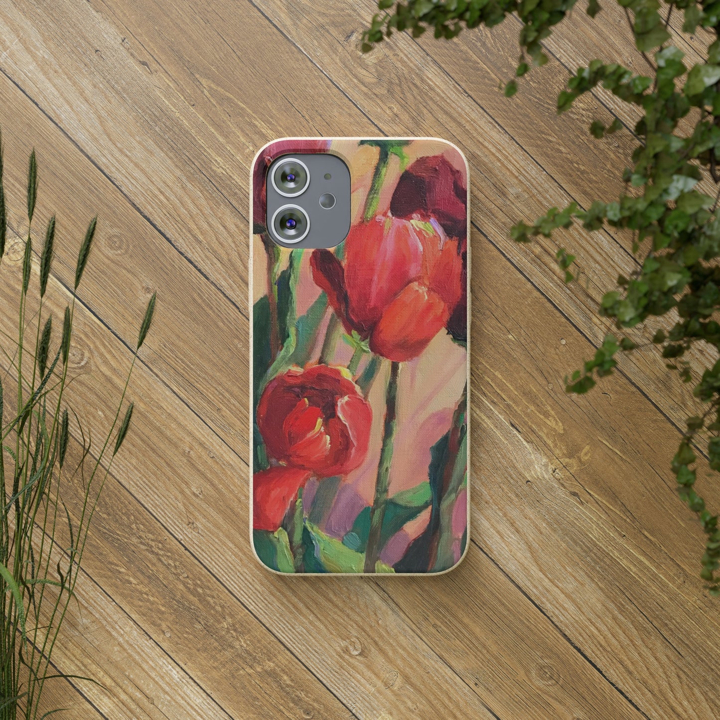 Biodegradable Phone Case with 'Red Tulips' Floral Original Artwork by Barbara Cleary