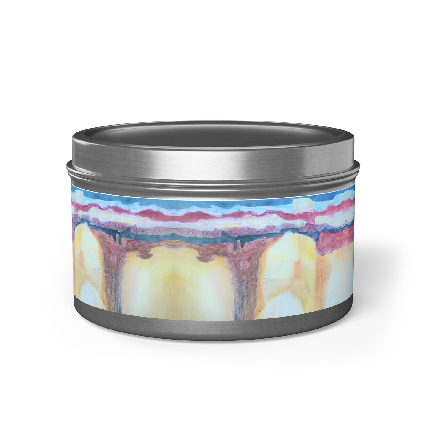 8oz Tin Candle 8oz Eco-Friendly Scented or Unscented Soy Wax Tin Candle with 'Southwest Mixed Media' Abstract Artwork by American Artist Barbara Cleary