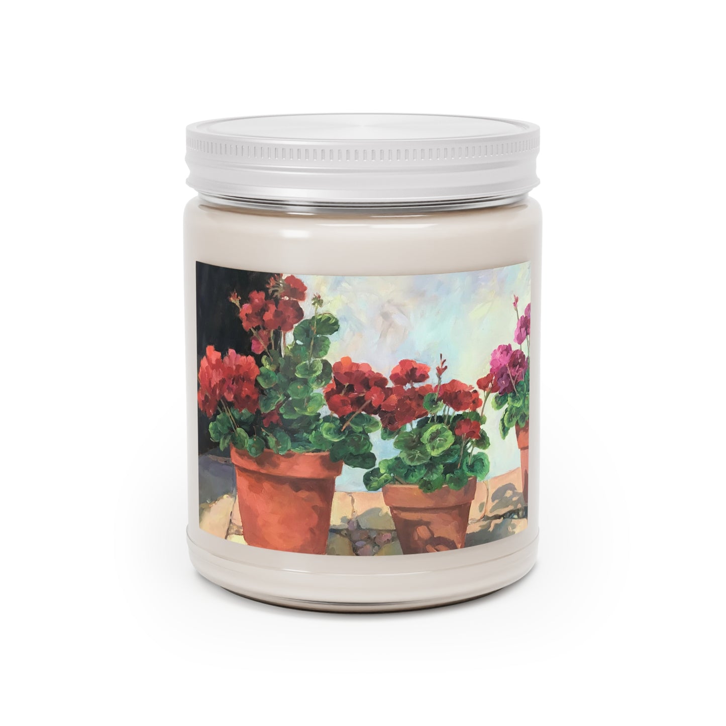 9oz Eco-Friendly Scented or Unscented Soy Wax Candle Jar  with 'Potted Red Geraniums Series 1' Floral Artwork by American Artist Barbara Cleary