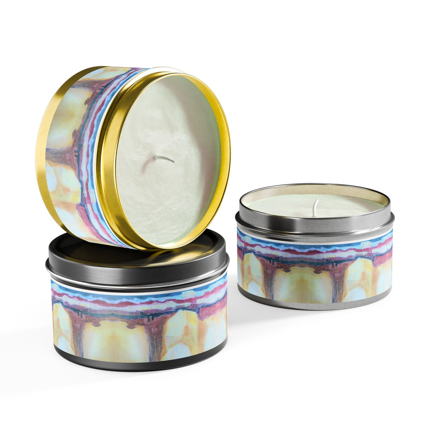 8oz Tin Candle 8oz Eco-Friendly Scented or Unscented Soy Wax Tin Candle with 'Southwest Mixed Media' Abstract Artwork by American Artist Barbara Cleary