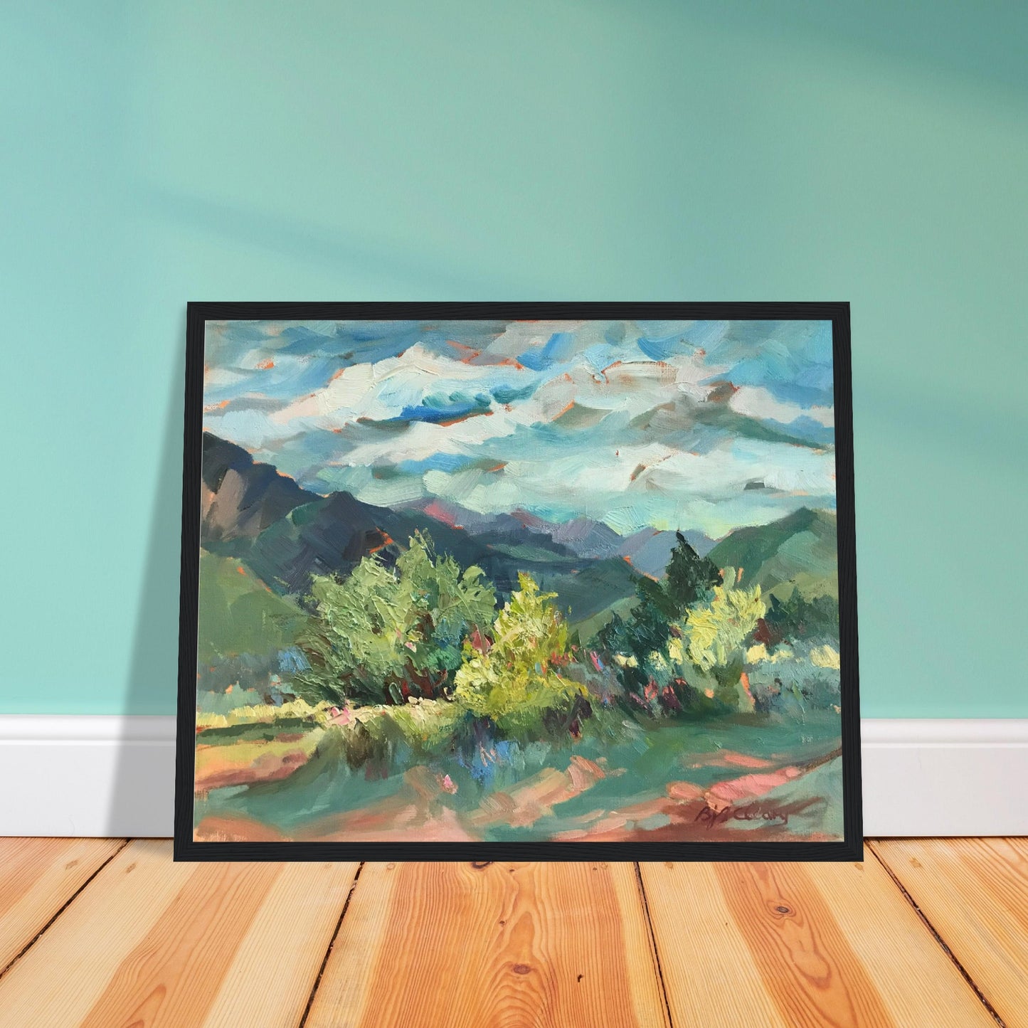 ‘Pueblo Lands Plein Air’ Southwestern Landscape | 16x20 Wooden Framed Art Print | Original Artwork by American Artist Barbara Cleary