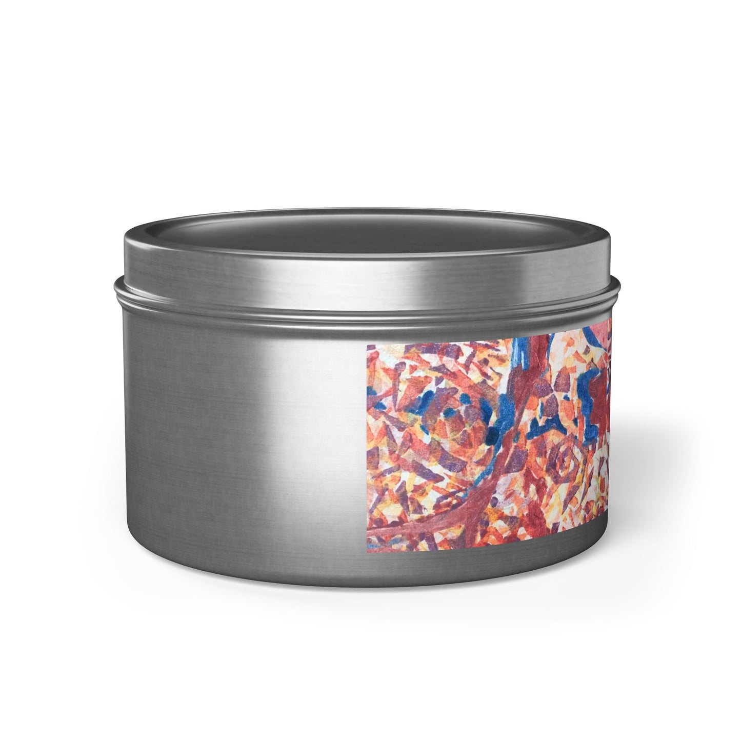 8oz Eco-Friendly Scented or Unscented Soy Wax Tin Candle with 'Abstract Fusion' Abstract Artwork by American Artist Barbara Cleary