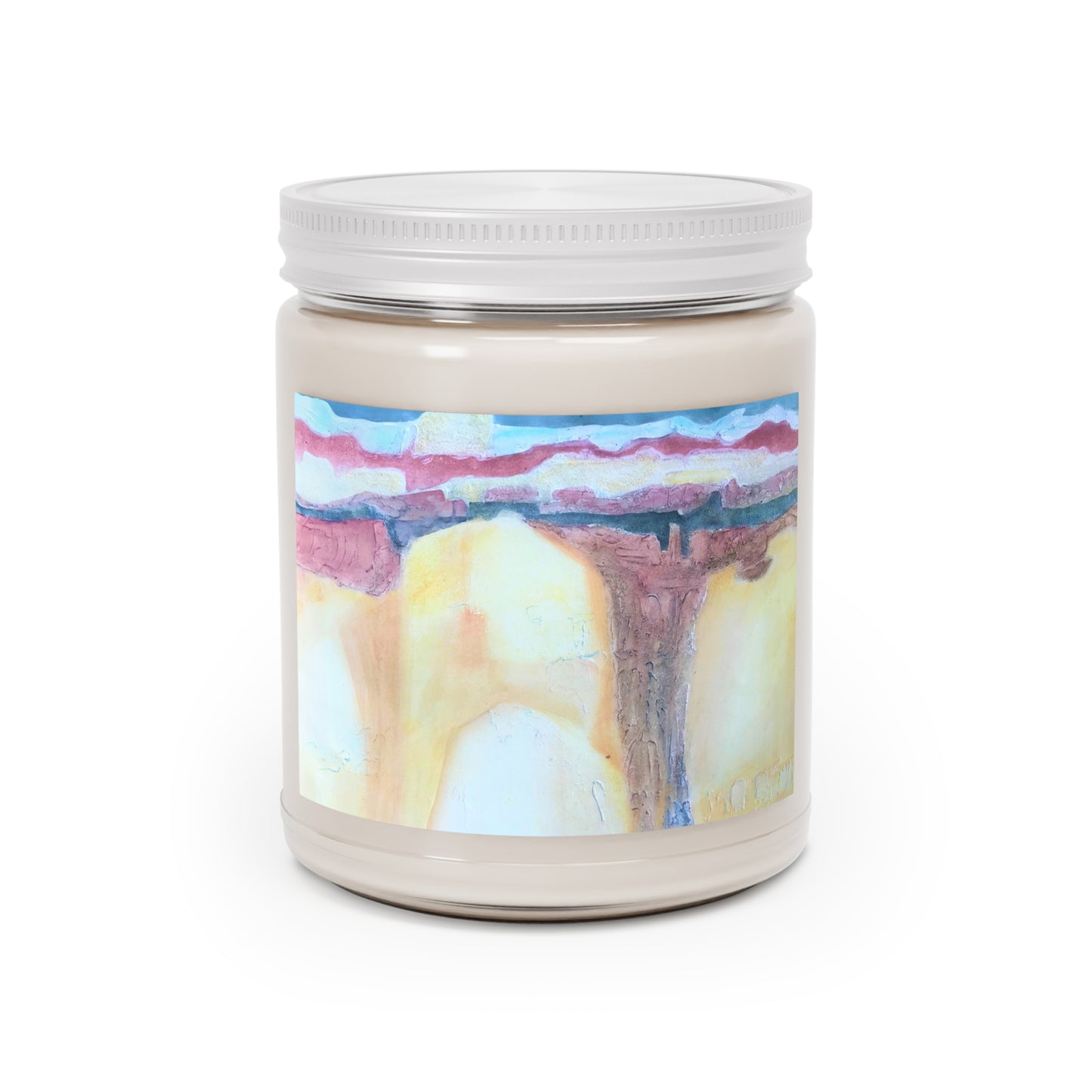 9oz Eco-Friendly Scented or Unscented Soy Wax Candle Jar  with 'Southwest Mixed Media' Abstract Artwork by American Artist Barbara Cleary