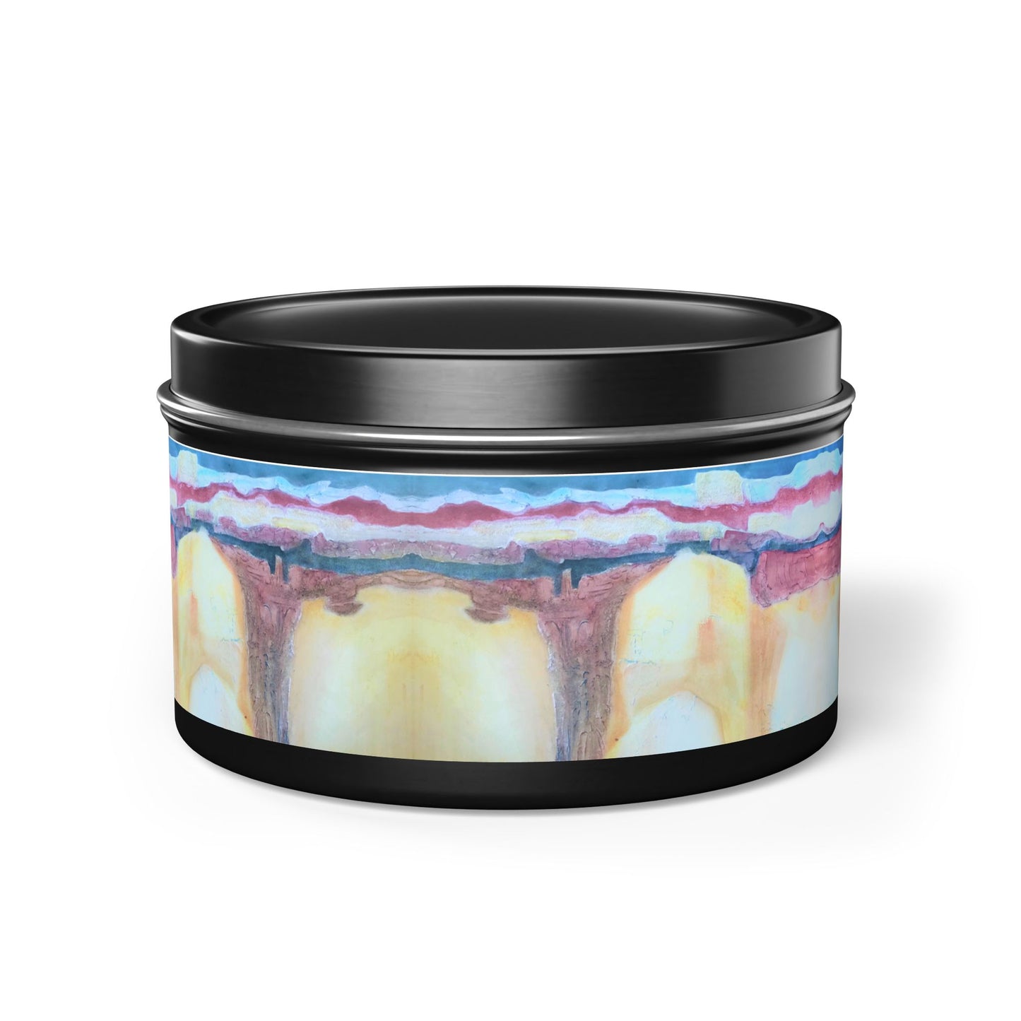 8oz Tin Candle 8oz Eco-Friendly Scented or Unscented Soy Wax Tin Candle with 'Southwest Mixed Media' Abstract Artwork by American Artist Barbara Cleary