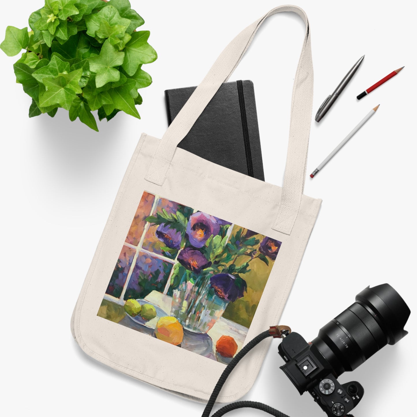 Organic Canvas Tote Bag with 'Purple Flowers' Floral I Original Artwork by American Artist Barbara Cleary