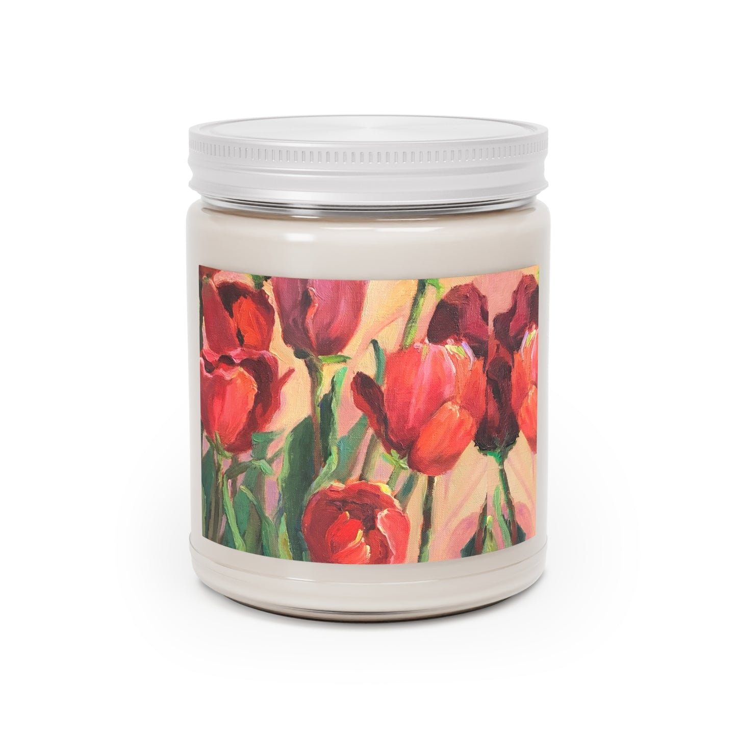 9oz Eco-Friendly Scented or Unscented Soy Wax Candle Jar  with 'Tulips' Floral Artwork by American Artist Barbara Cleary