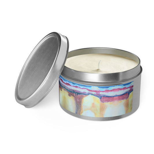 8oz Tin Candle 8oz Eco-Friendly Scented or Unscented Soy Wax Tin Candle with 'Southwest Mixed Media' Abstract Artwork by American Artist Barbara Cleary