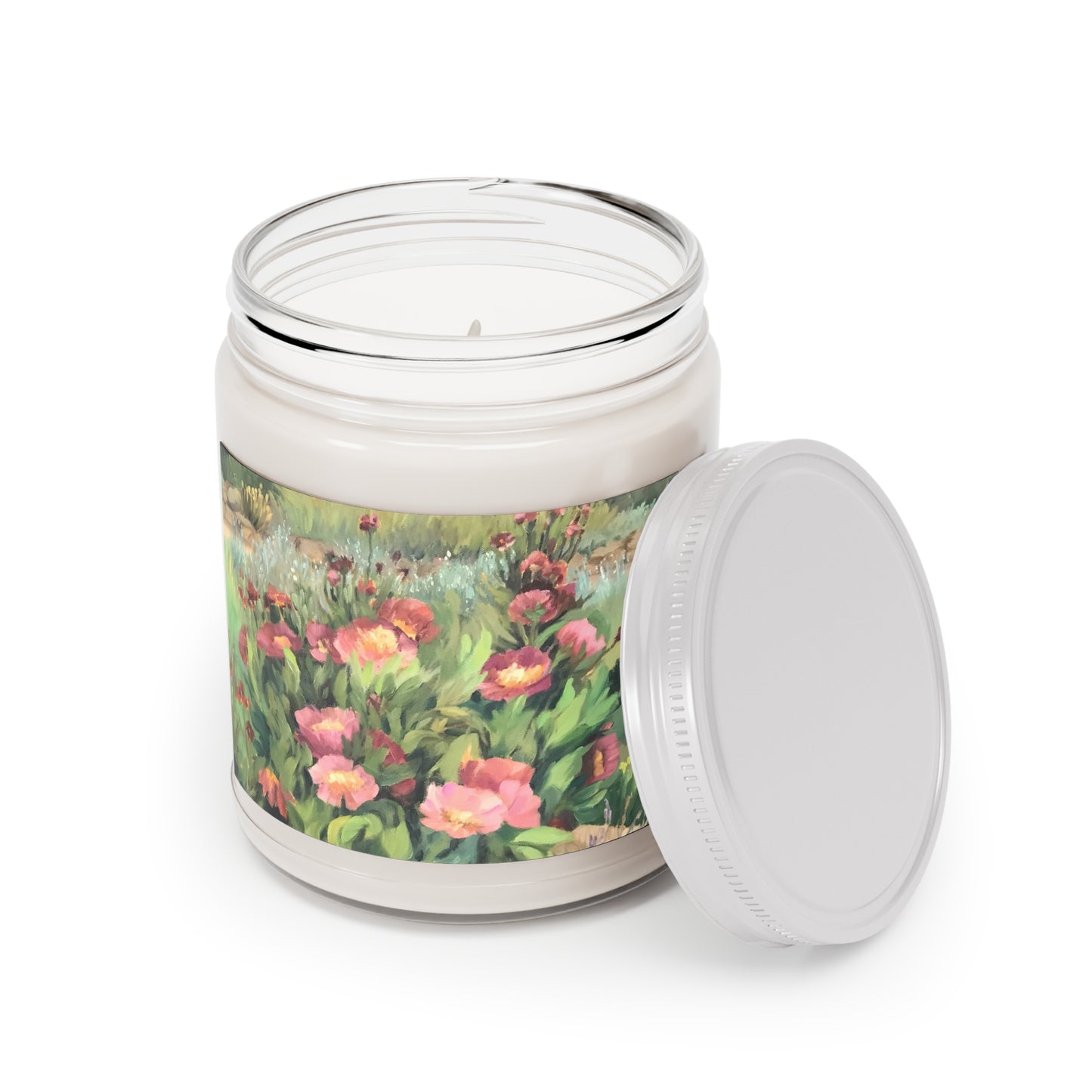 9oz Eco-Friendly Scented or Unscented Soy Wax Candle Jar with 'Pink Blooms' Floral Artwork by American Artist Barbara Cleary