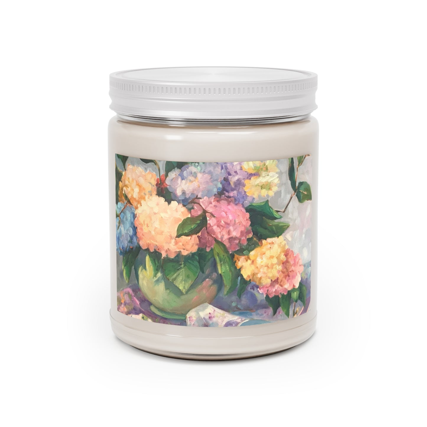 9oz Eco-Friendly Scented or Unscented Soy Wax Candle Jar  with 'Hydrangeas' Floral Artwork by American Artist Barbara Cleary