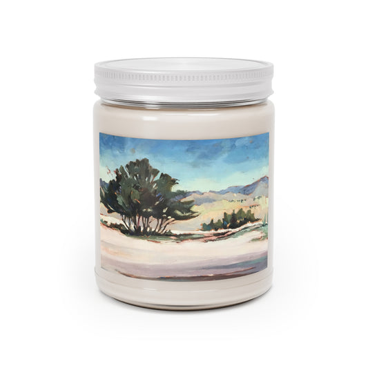 9oz Eco-Friendly Scented or Unscented Soy Wax Candle Jar with 'Georgia's View' Southwestern Artwork by American Artist Barbara Cleary