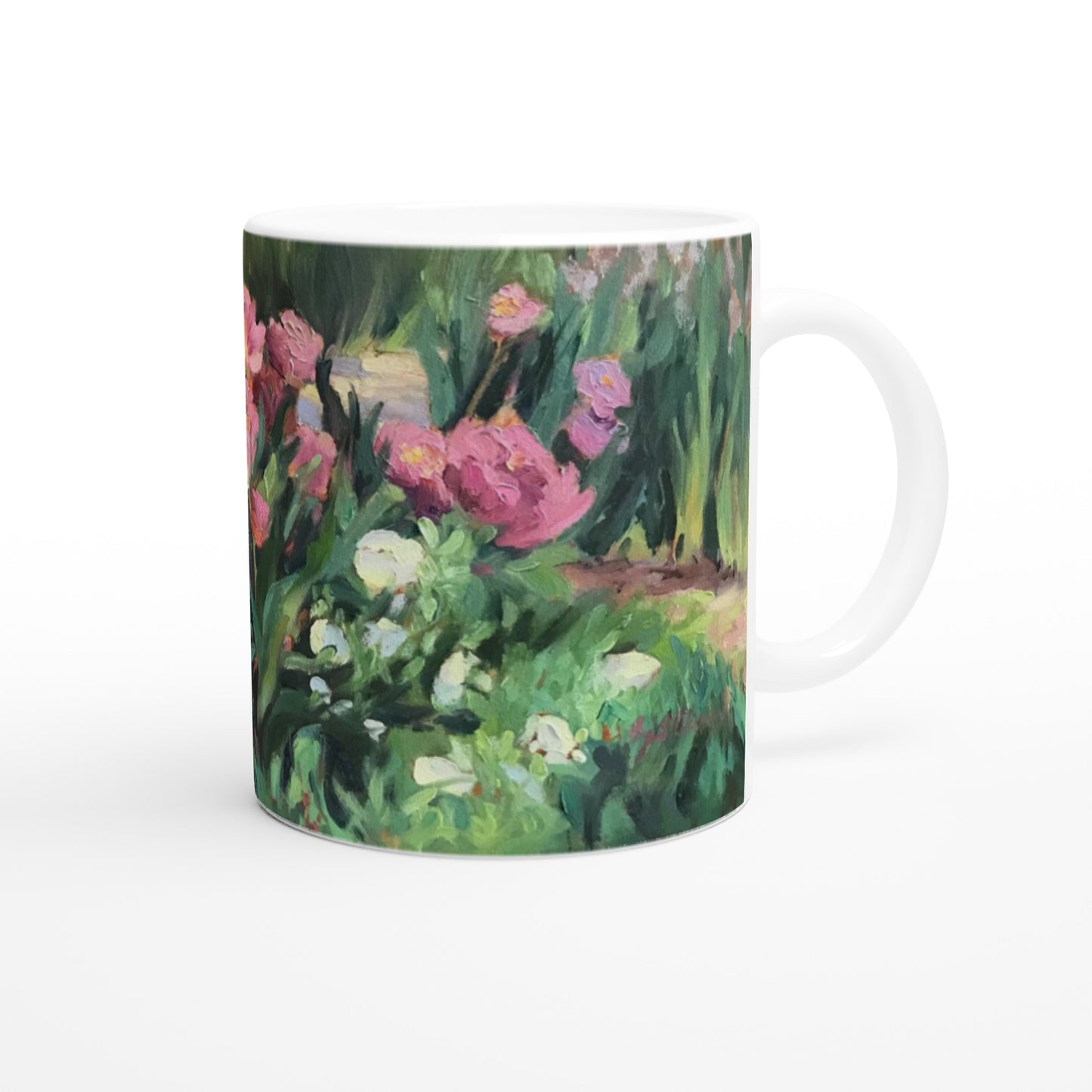 11oz White Ceramic Mug| Coffee Cup with 'Garden Peonies' Floral Artwork by American Artist Barbara Cleary