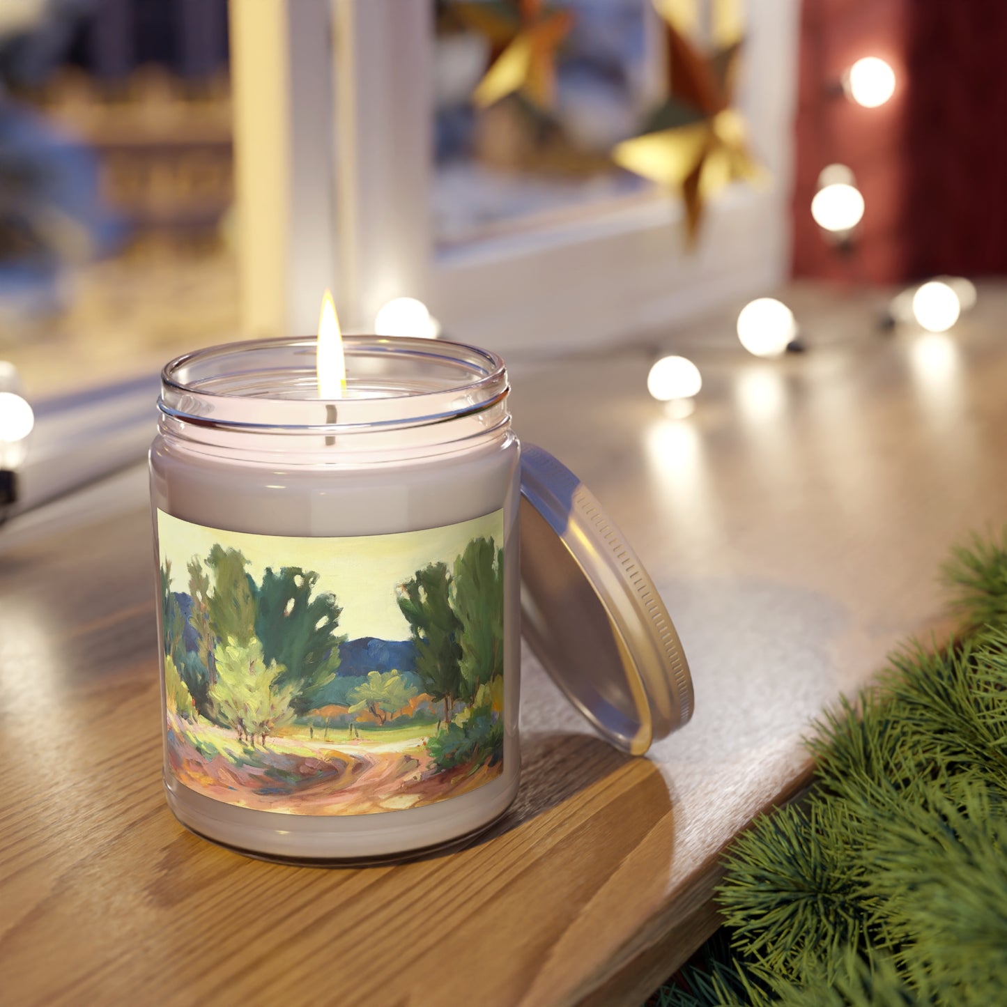 9oz Eco-Friendly Scented or Unscented Soy Wax Candle Jar with 'Hacienda Road' Landscape Artwork by American Artist Barbara Cleary