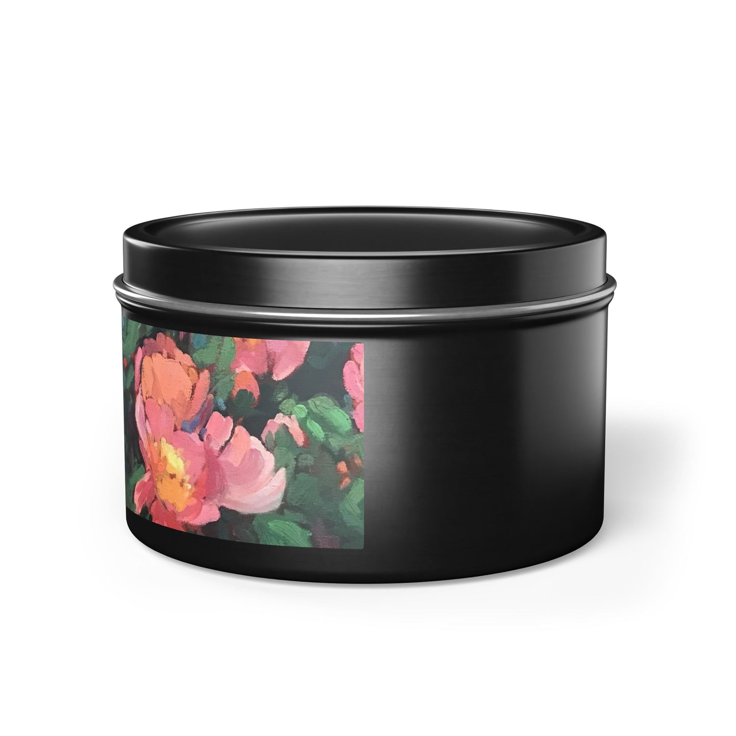 8oz Eco-Friendly Scented or Unscented Soy Wax Candle Tin with 'Pink Princess' Floral Artwork by American Artist Barbara Cleary