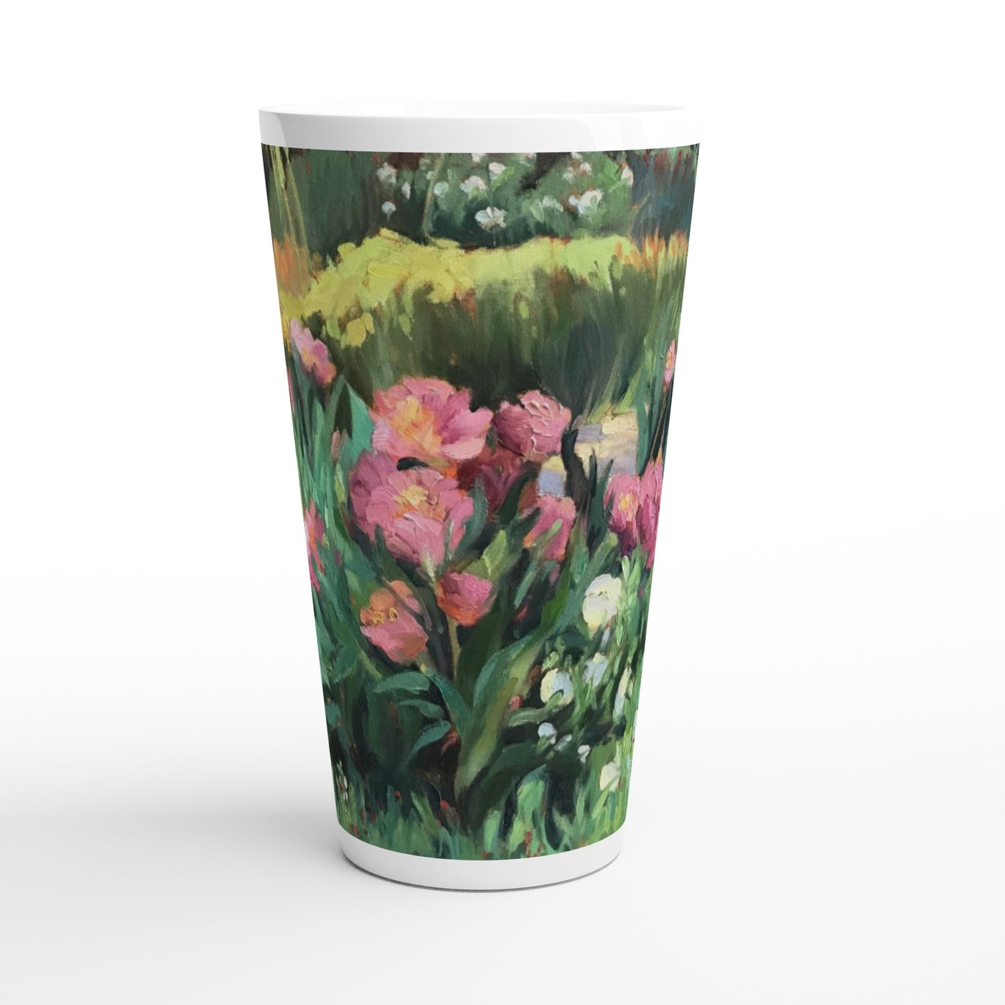 17oz White Ceramic Latte Mug | Coffee Cup with 'Garden Peonies' Floral Artwork by American Artist Barbara Cleary