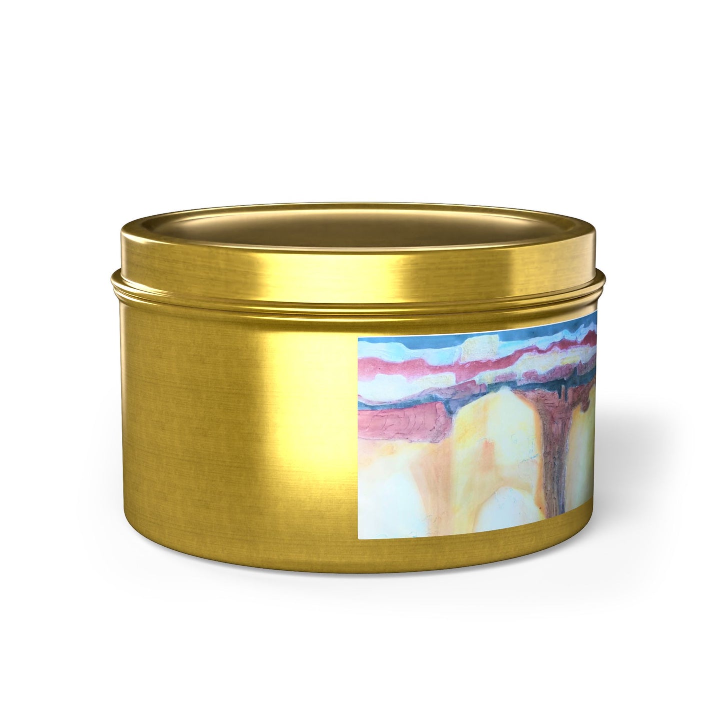 8oz Tin Candle 8oz Eco-Friendly Scented or Unscented Soy Wax Tin Candle with 'Southwest Mixed Media' Abstract Artwork by American Artist Barbara Cleary