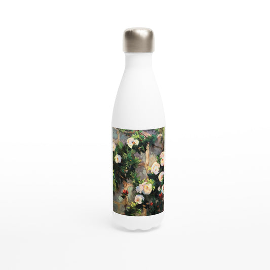 17oz White Stainless Steel Bottle with 'Vining White Roses' Floral Artwork by American Artist Barbara Cleary