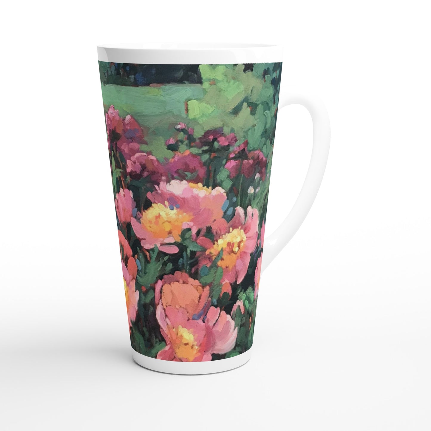 17oz White Ceramic Latte Mug | Coffee Cup with 'Pink Princess' Floral Artwork by American Artist Barbara Cleary